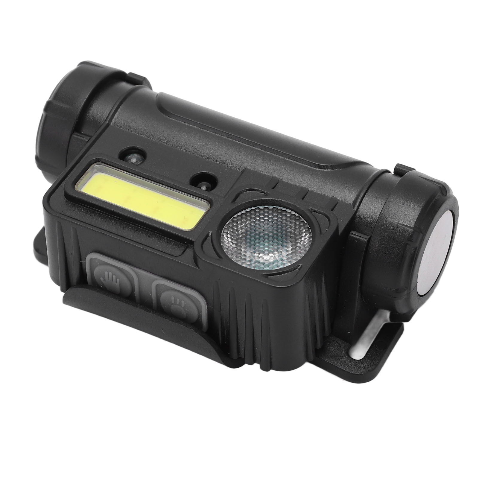 Eine schwarze Stirnlampe mit LED-Leuchten und Knöpfen ist auf weißem Hintergrund zu sehen.