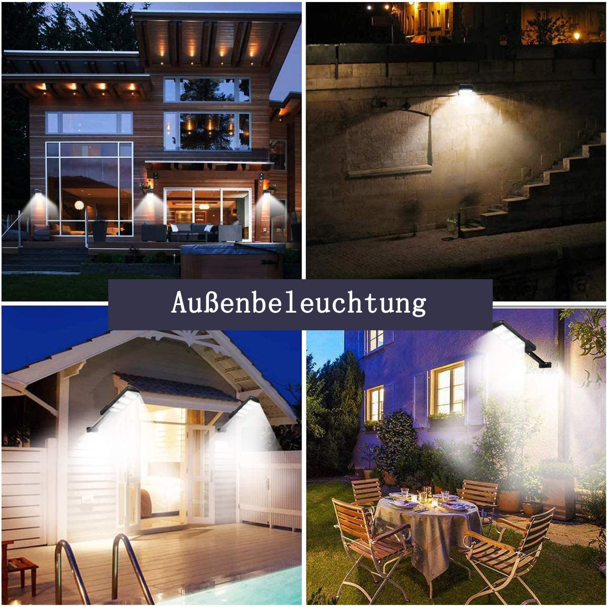 Außenbeleuchtung: Haus, Treppe, Terrasse und Garten im Dunkeln beleuchtet.