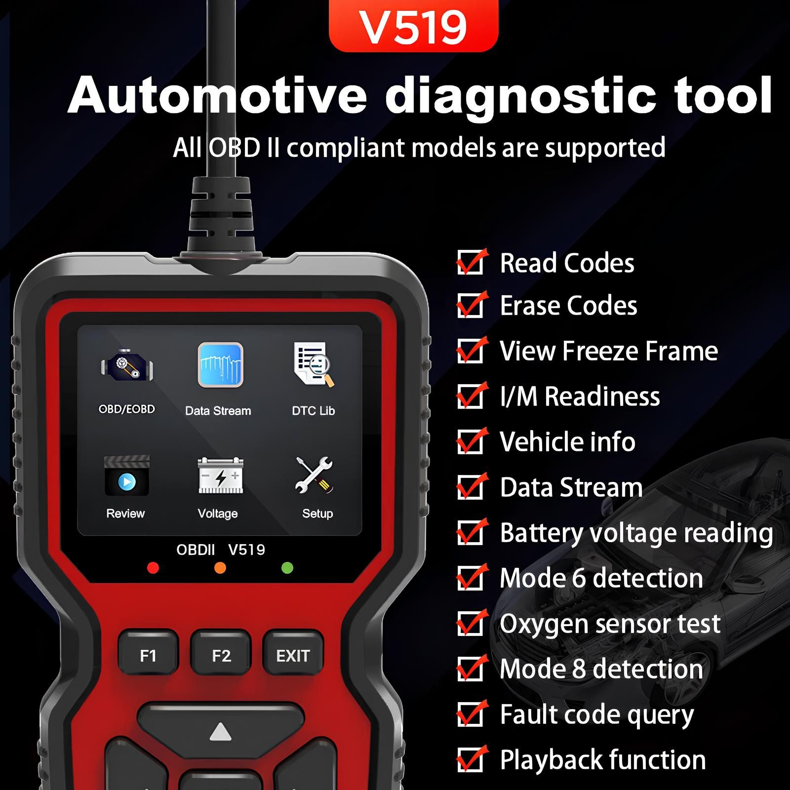 Rotes Diagnosegerät V519 mit Bildschirm und Funktionen wie Codes lesen.