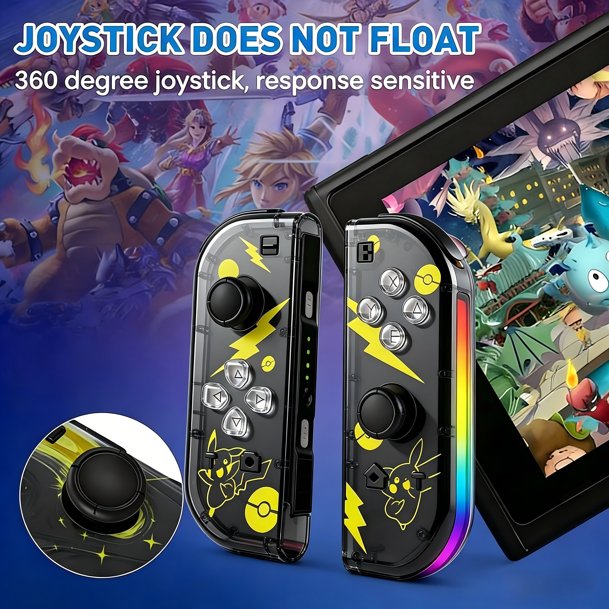 Transparente Controller mit Pikachu-Design, Spielbildschirm im Hintergrund.