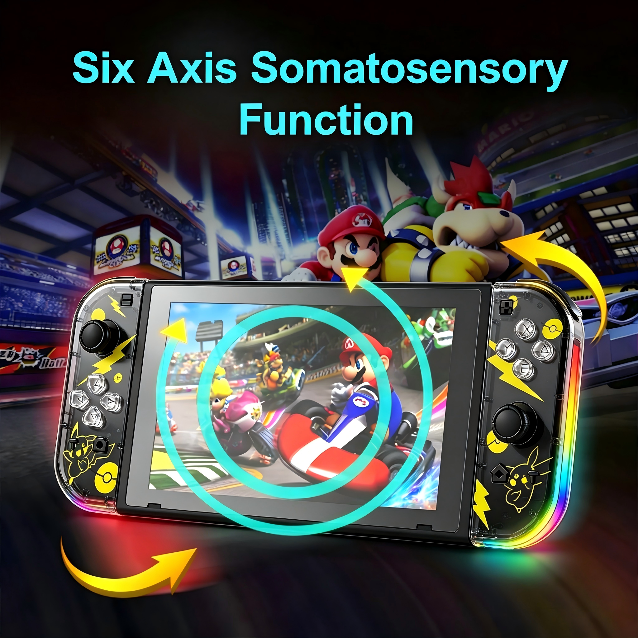 Nintendo Switch mit Mario Kart, zeigt sechsachsige somatosensorische Funktion.