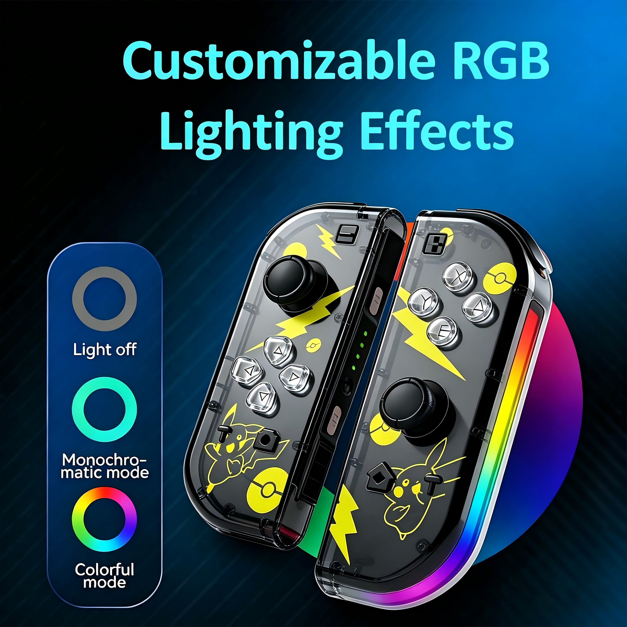 Durchsichtige Controller mit Pikachu-Motiv, RGB-Beleuchtung und Modus-Anzeige.