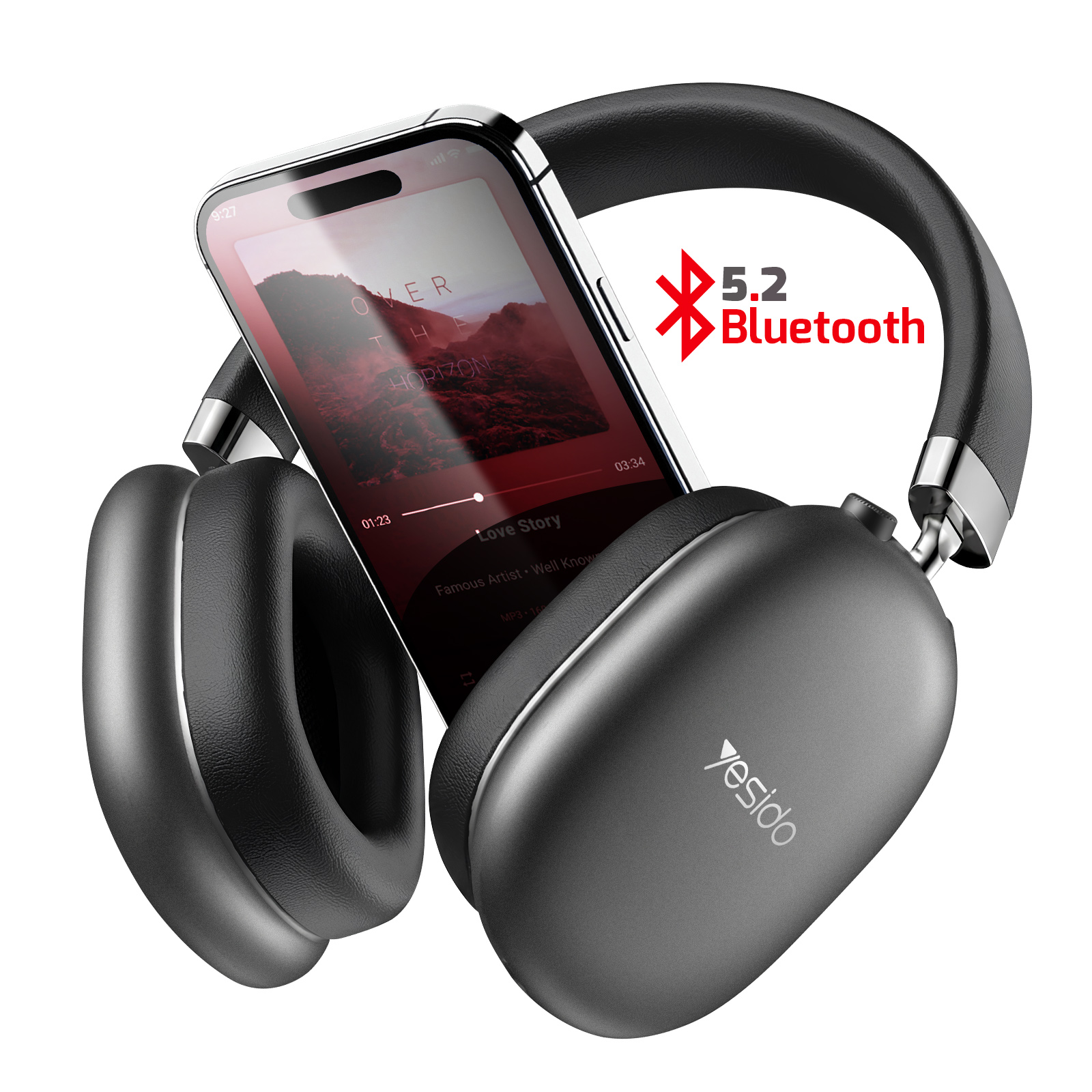 Cuffie grigie con smartphone che riproduce musica. Bluetooth 5.2.
