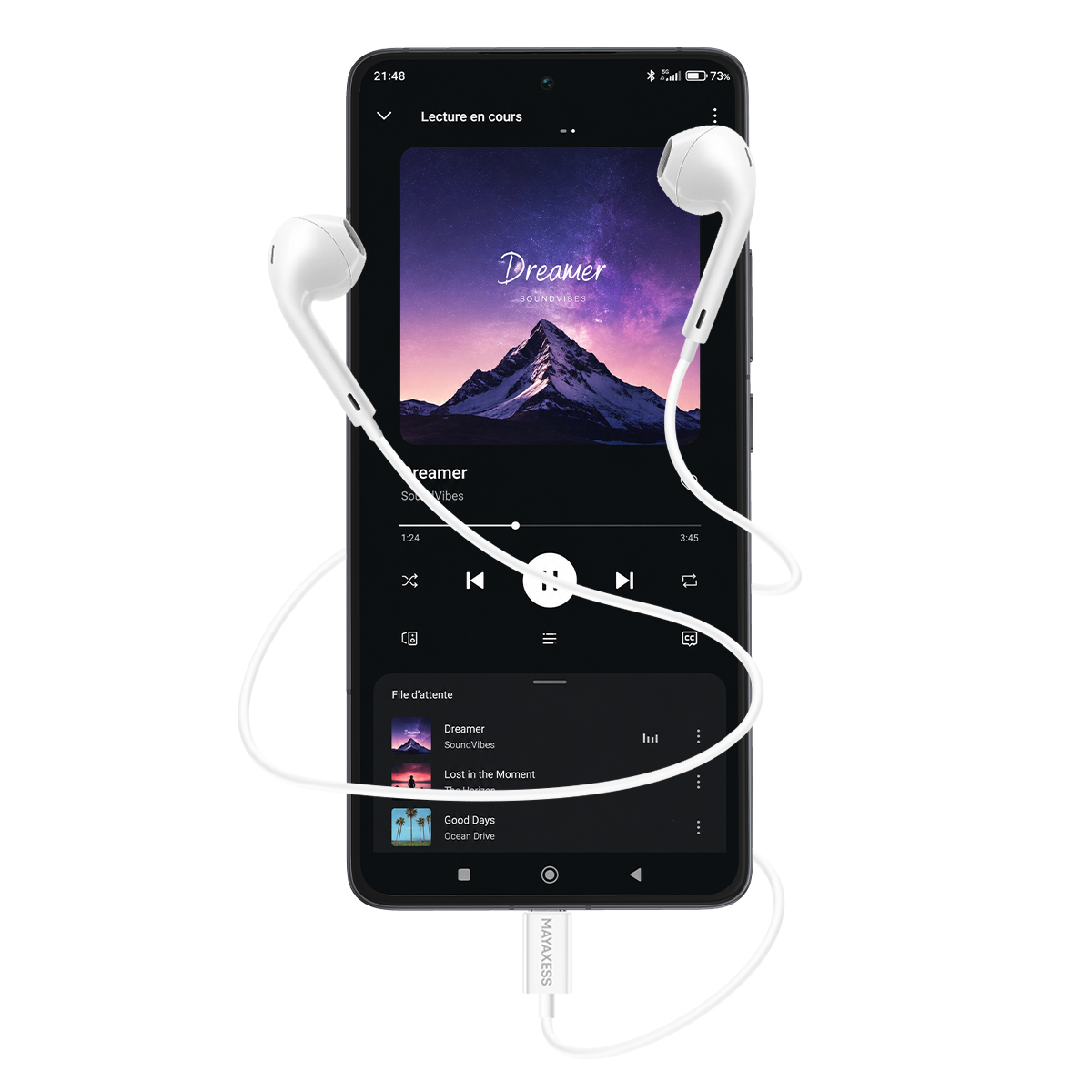Smartphone riproduce musica con auricolari bianchi. Copertina album montagna visibile.