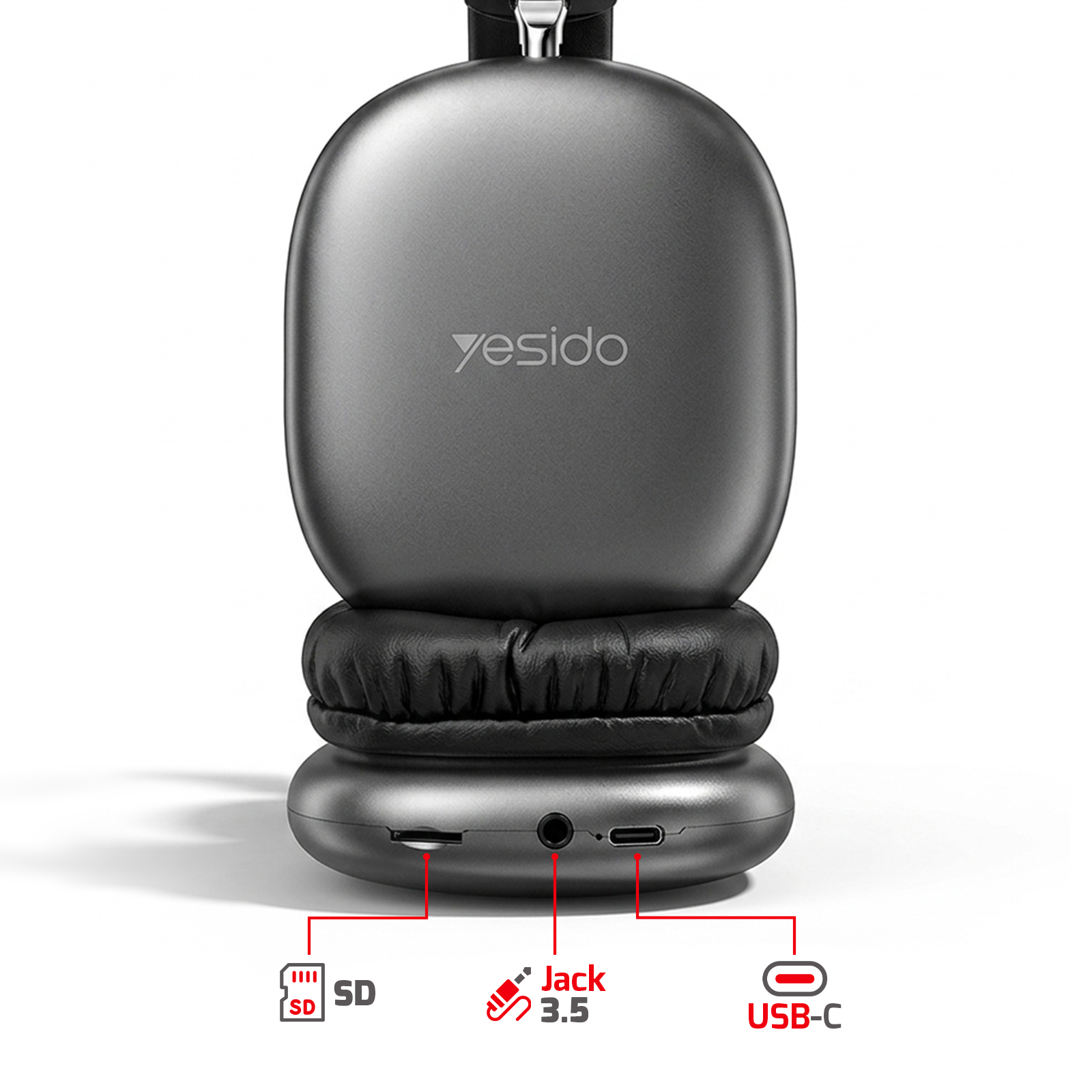 Cuffie grigie con slot per SD card, jack 3,5 mm e porta USB-C.