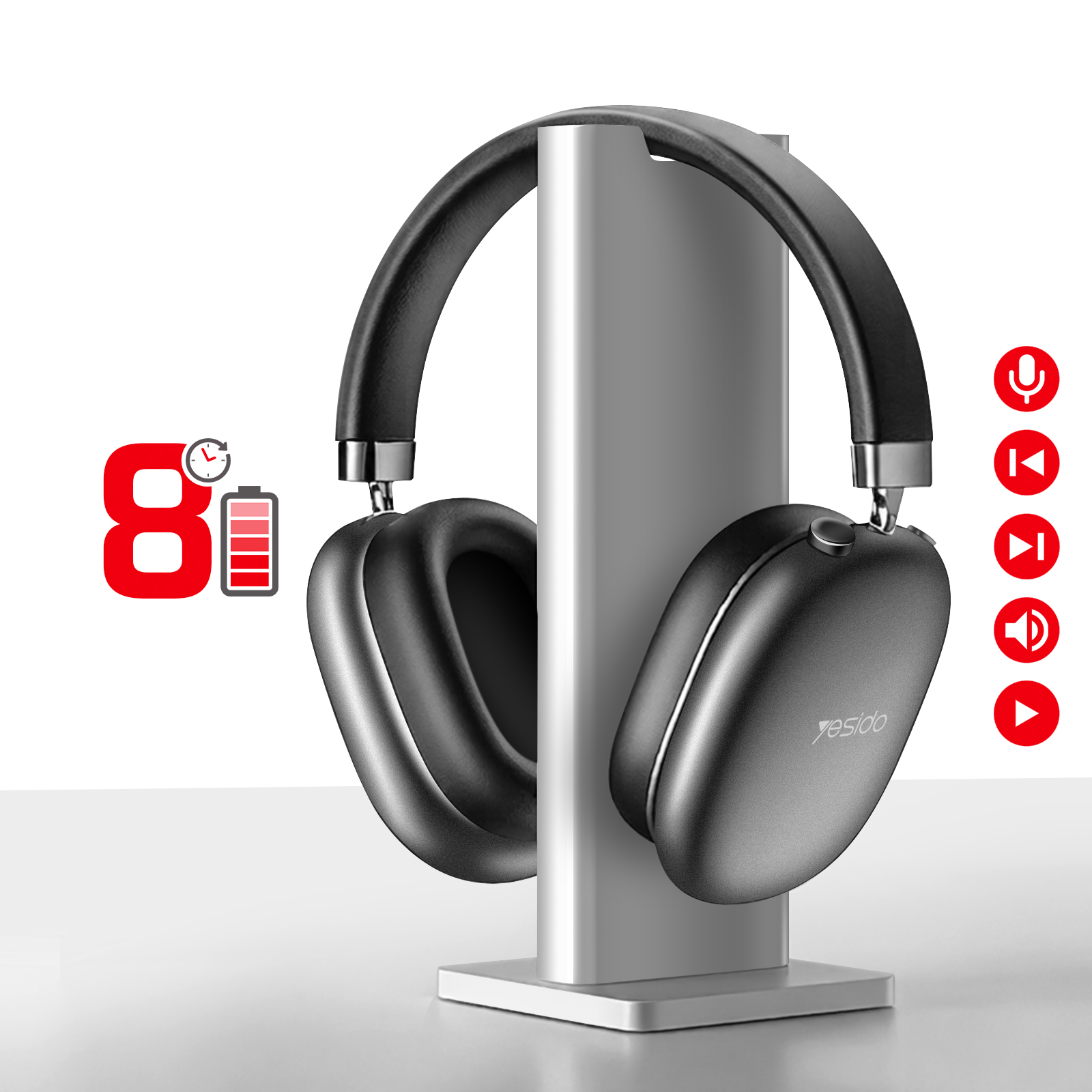 Cuffie nere su supporto con icone batteria e riproduzione.