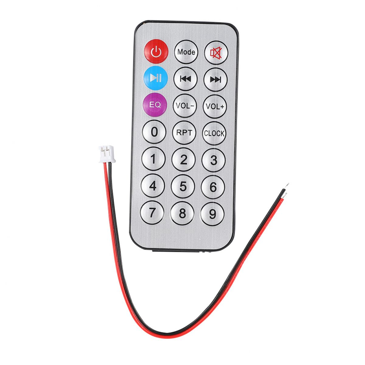 Eine Fernbedienung mit Tasten für Power, Modus, Lautstärke und Ziffern.