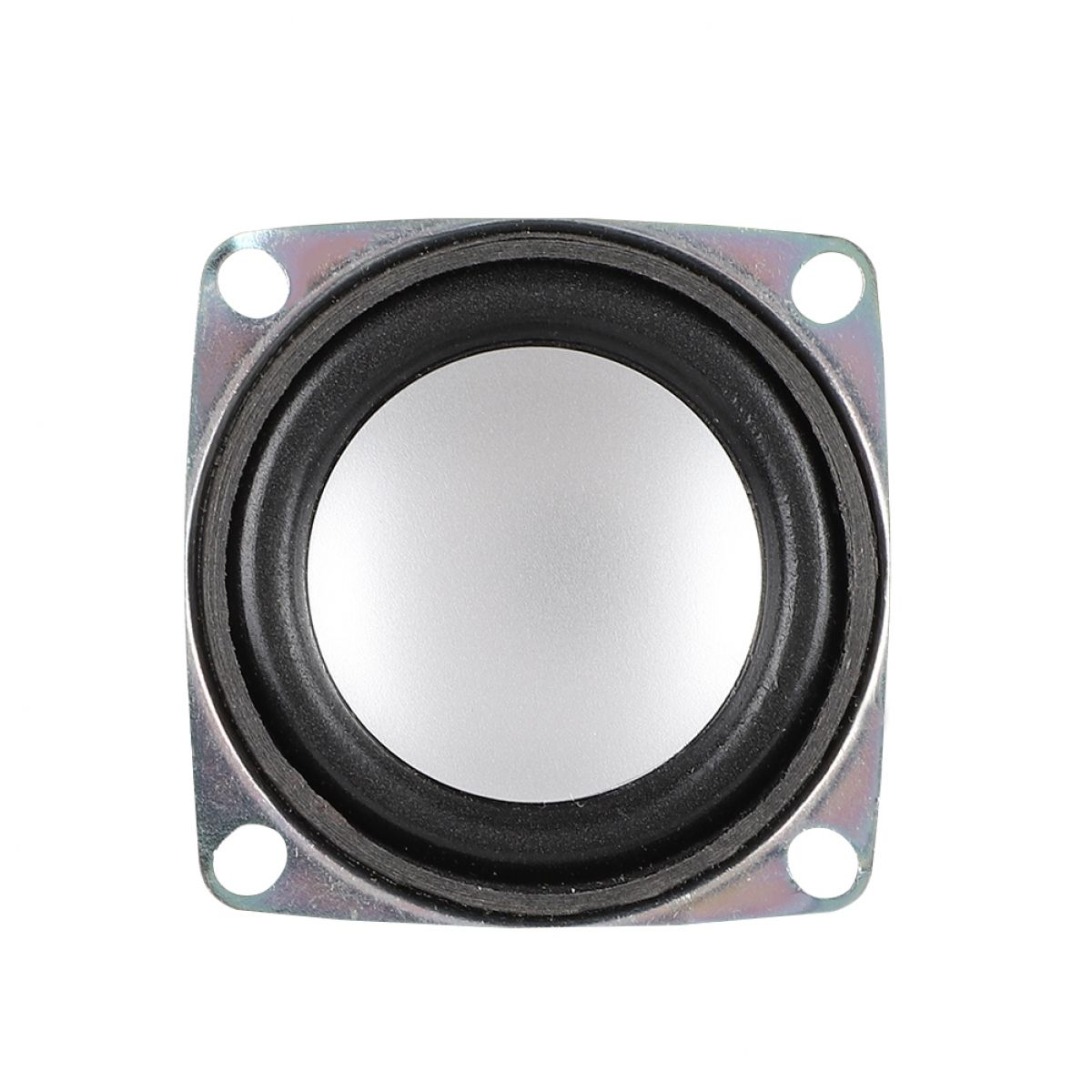 Ein kleiner quadratischer Lautsprecher mit Metalleinfassung und schwarzem Rand.
