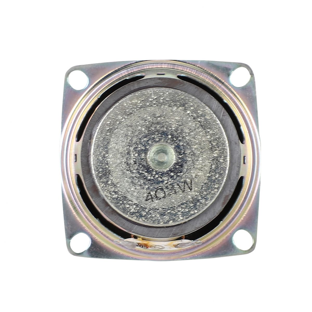 Ein kleiner quadratischer Lautsprecher mit silbernem Membran und Metallgehäuse.