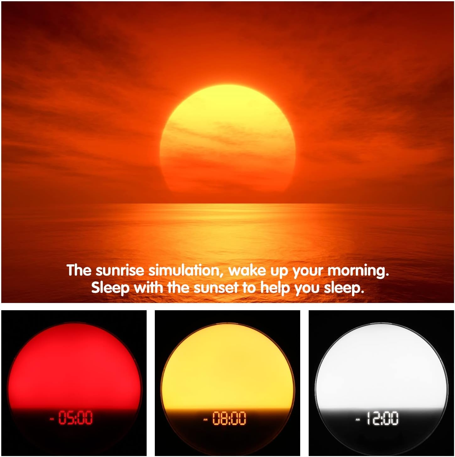 Sonnenuntergang und drei Lichter mit Zeiten: 05:00, 08:00, 12:00.