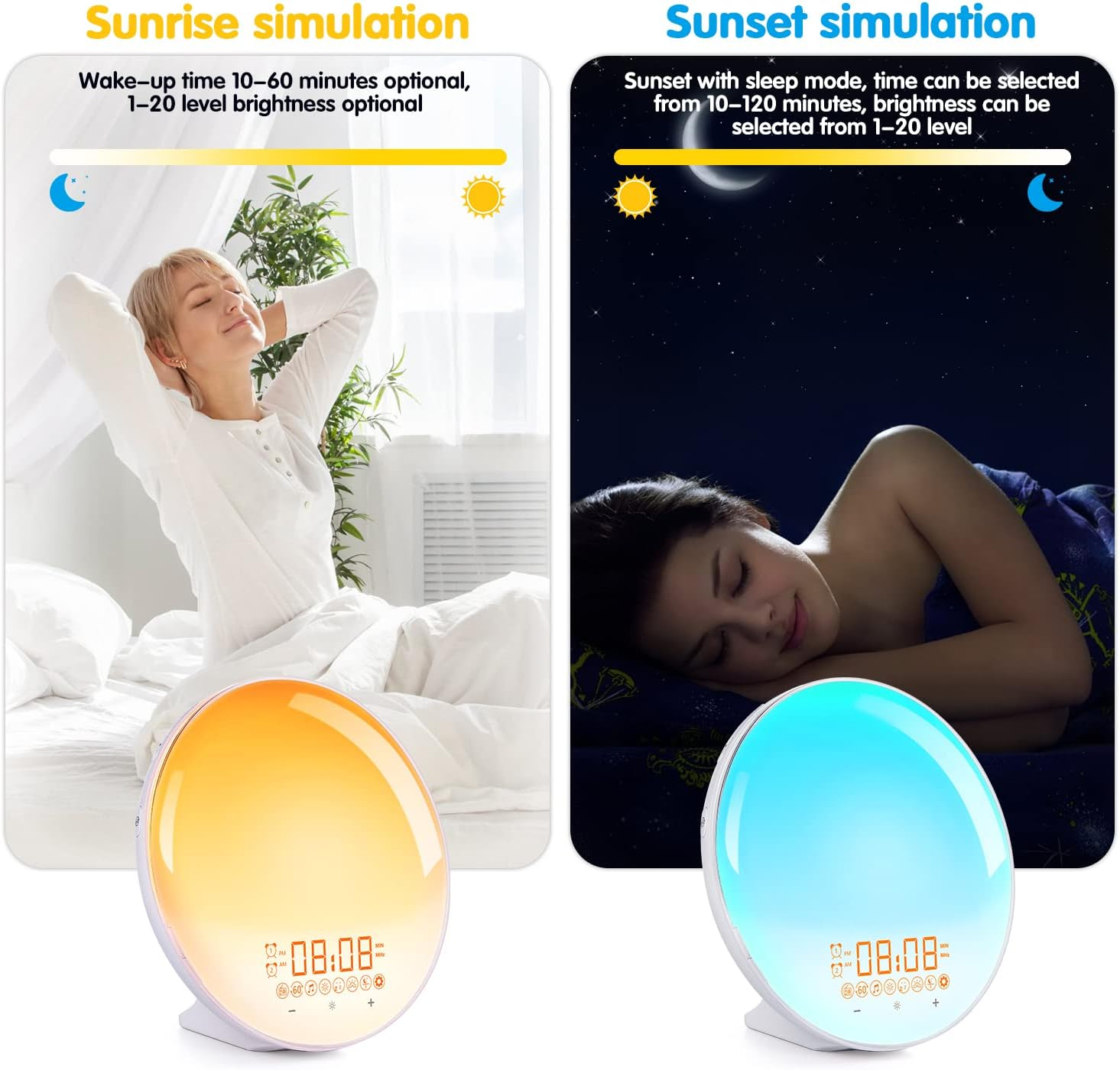 Sonnenaufgangssimulation: Frau streckt sich im Bett. Sonnenuntergangssimulation: Frau schläft im Bett.
