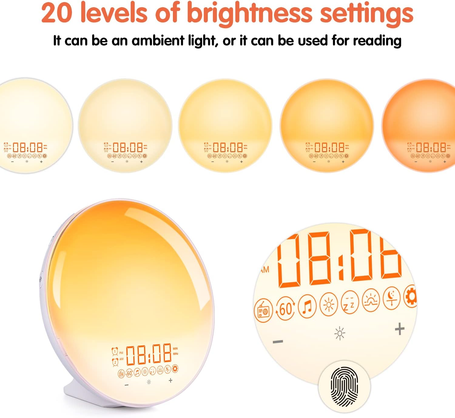 Ein Lichtwecker mit digitaler Anzeige zeigt 08:08 an. Mehrere Helligkeitsstufen.