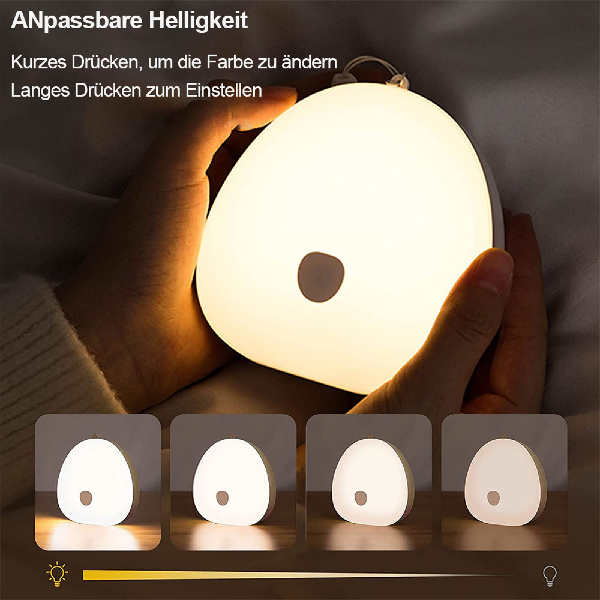 Eine Hand hält eine leuchtende Lampe mit einem dunklen Punkt. Unten sind vier kleinere Bilder.