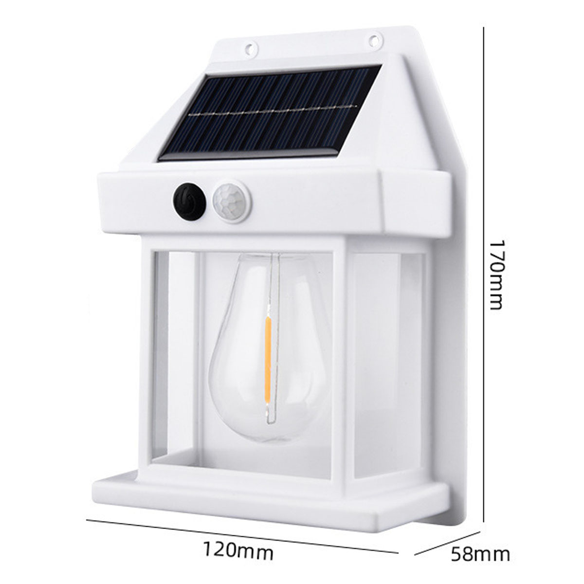 Weiße Solar-Außenleuchte mit klarer Glühbirne, Bewegungssensor und Solarpanel.
