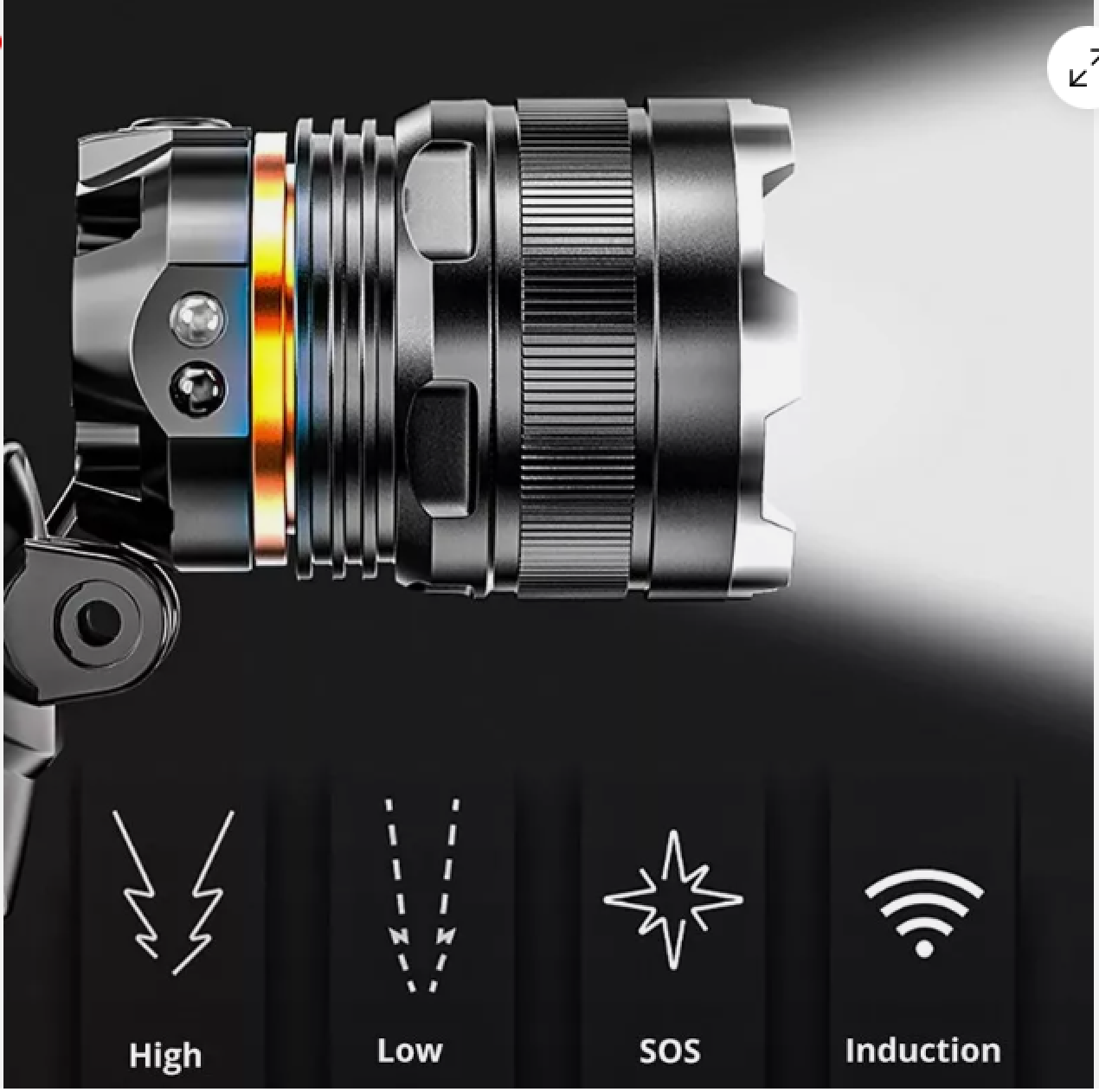 Eine detaillierte Nahaufnahme einer metallischen Taschenlampe mit vier Modi: Hoch, Niedrig, SOS, Induktion.