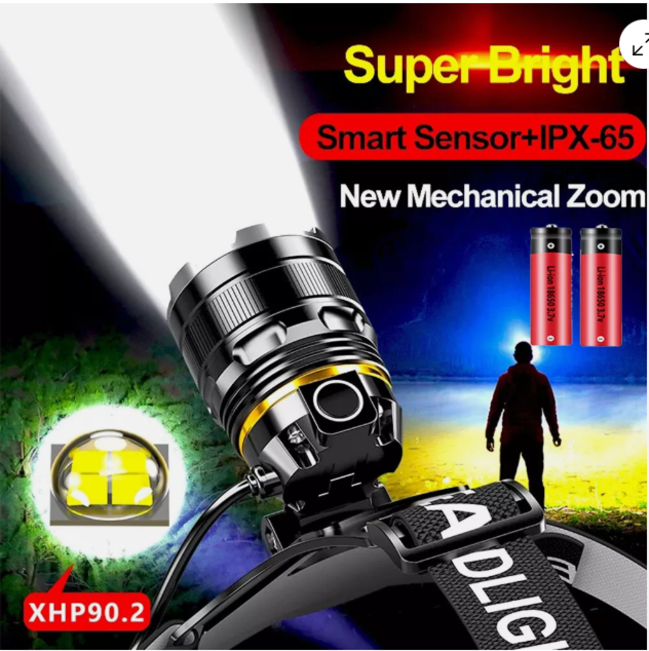 Superhelle Stirnlampe mit XHP90.2 LED, Zoom und Akkus.
