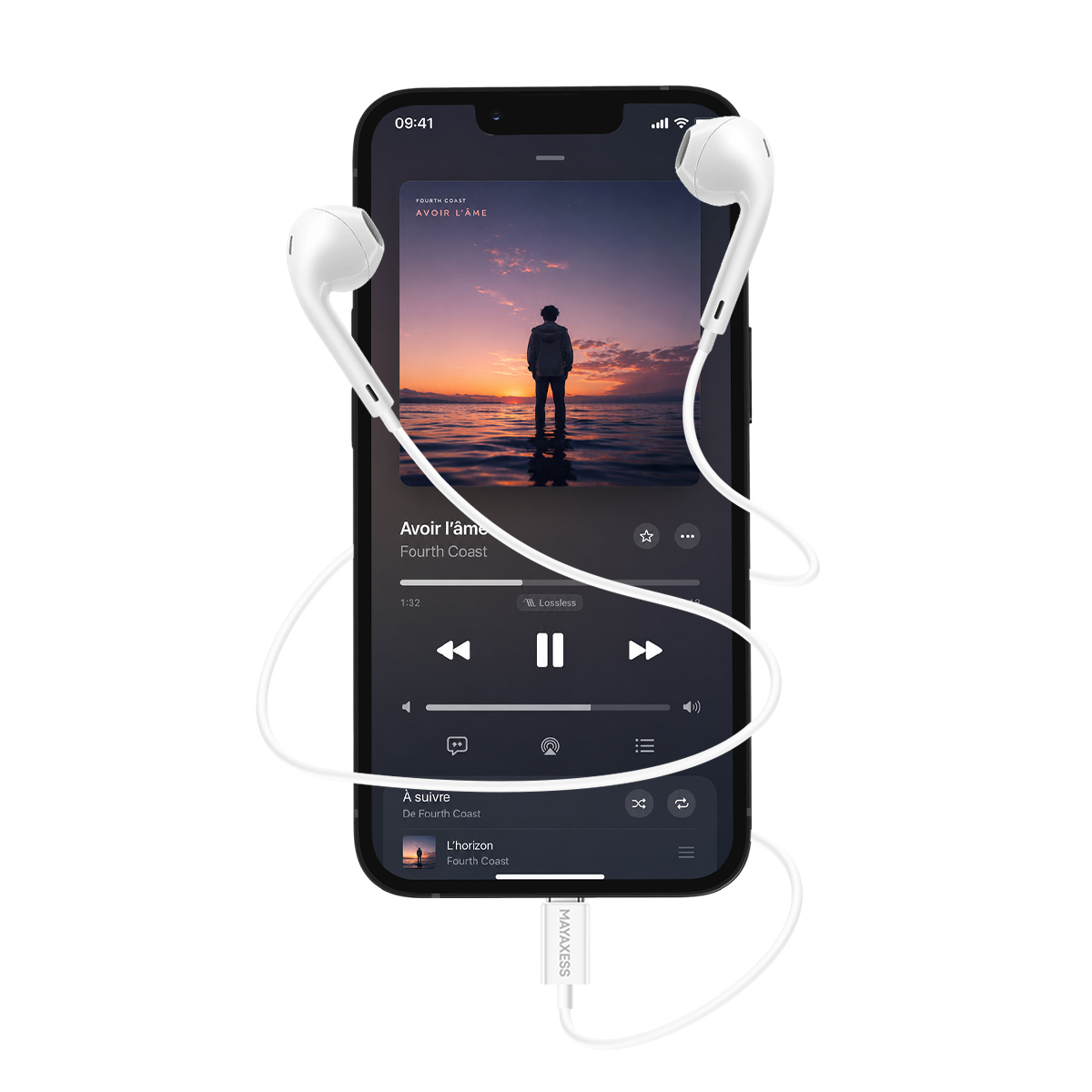 Uno smartphone riproduce musica con auricolari bianchi collegati al dispositivo.