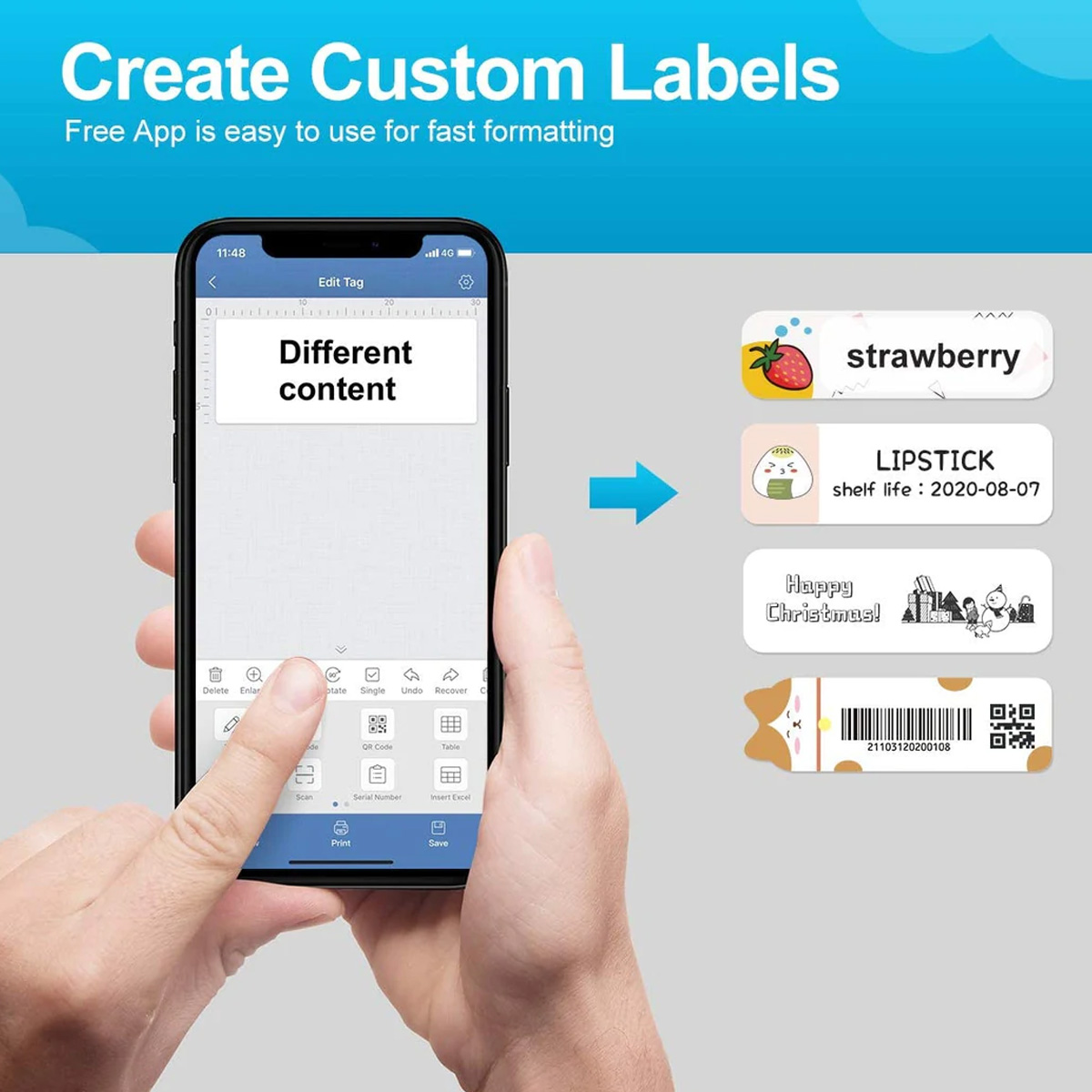 Erstellen Sie benutzerdefinierte Etiketten auf einem Smartphone, das "Different content" anzeigt.