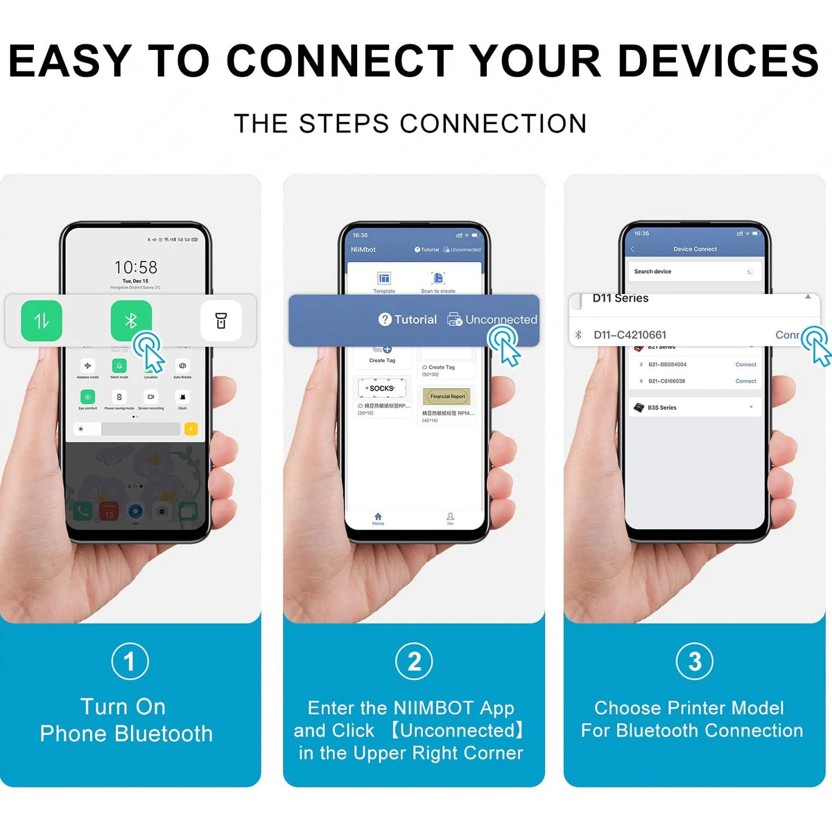 Schritt-für-Schritt-Anleitung: Bluetooth aktivieren, App verbinden, Drucker auswählen.