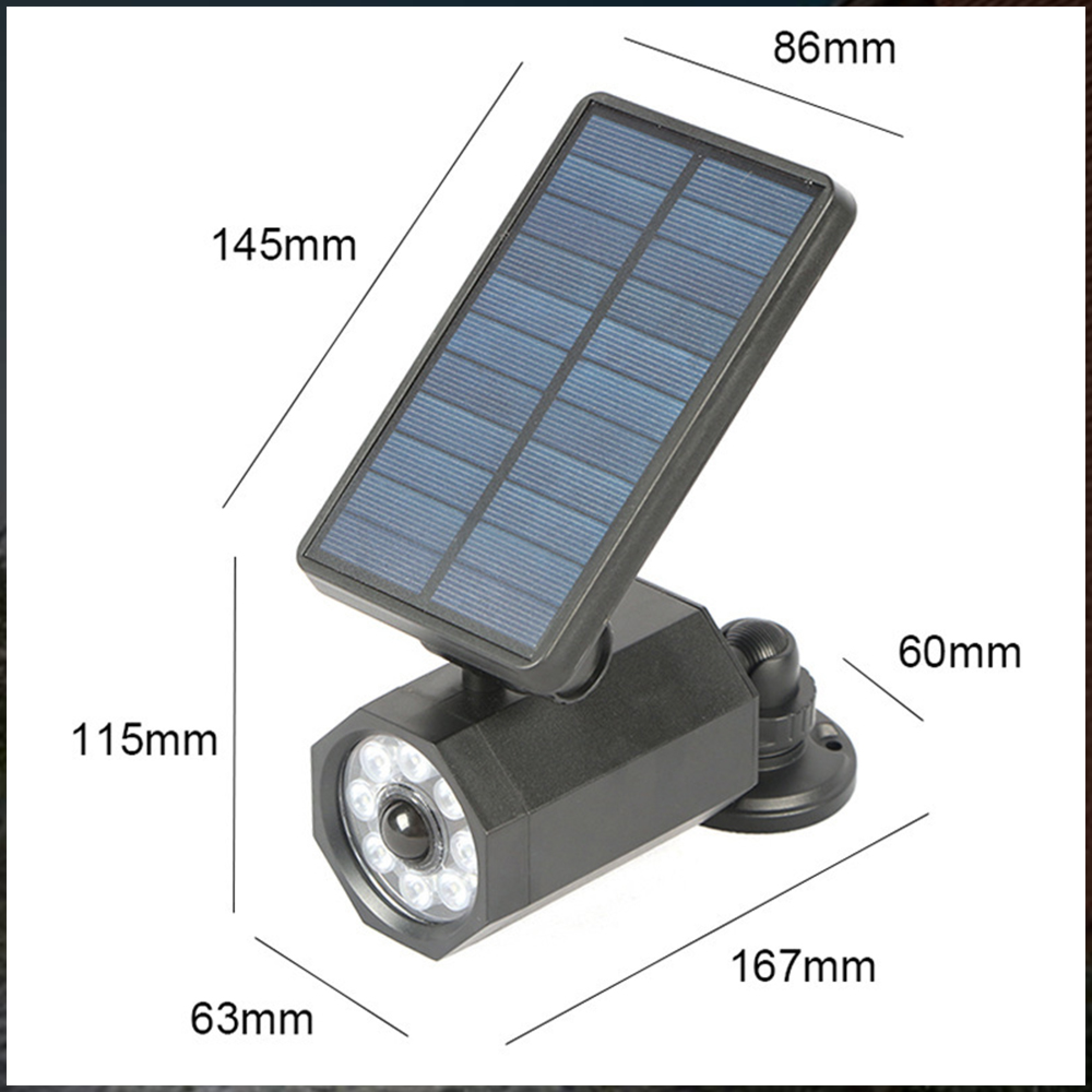 Ein schwarzer Solarstrahler mit Maßen 145x86x115x63x60x167mm.