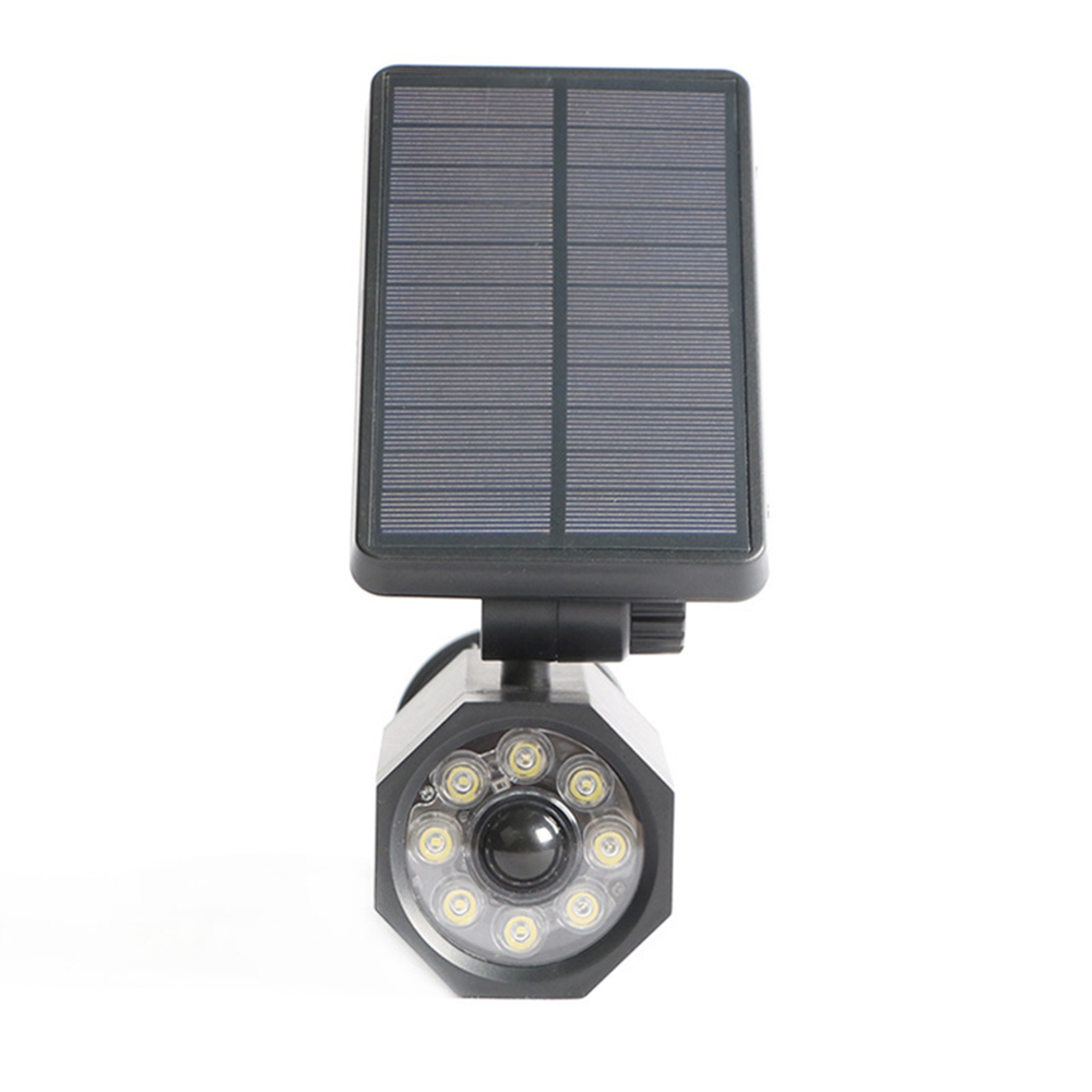 Solarbetriebene Leuchte mit neun LEDs und einer Kamera in der Mitte.