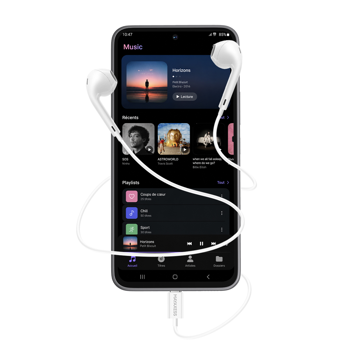 Uno smartphone mostra un'app musicale con auricolari. La riproduzione è attiva.