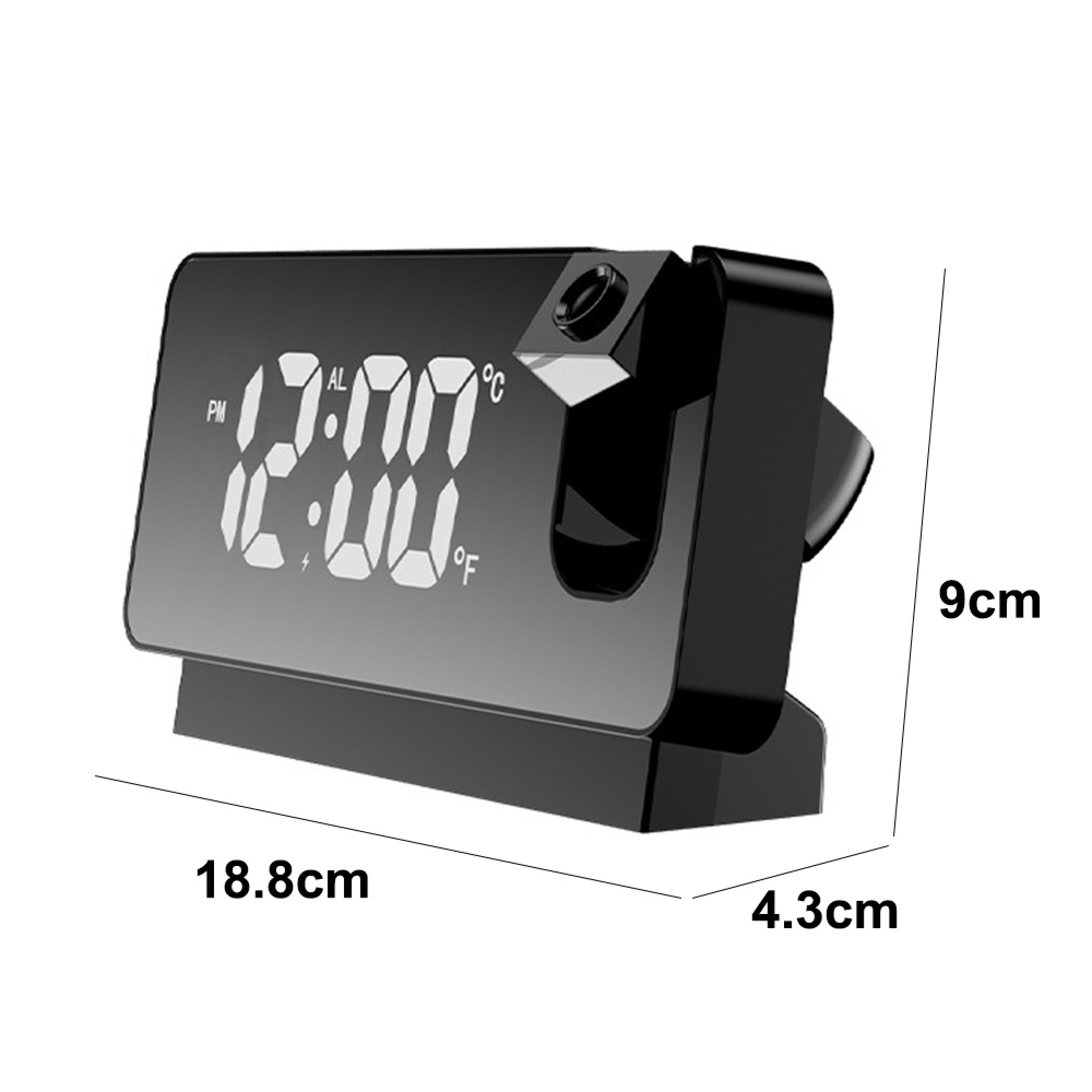 Schwarzer digitaler Projektionswecker zeigt 12:00. Maße: 18,8 x 9 x 4,3 cm.