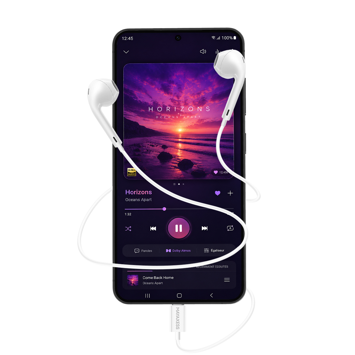 Ein Smartphone mit Kopfhörern, das Musik abspielt. Der Bildschirm zeigt ein Albumcover mit Sonnenuntergang.