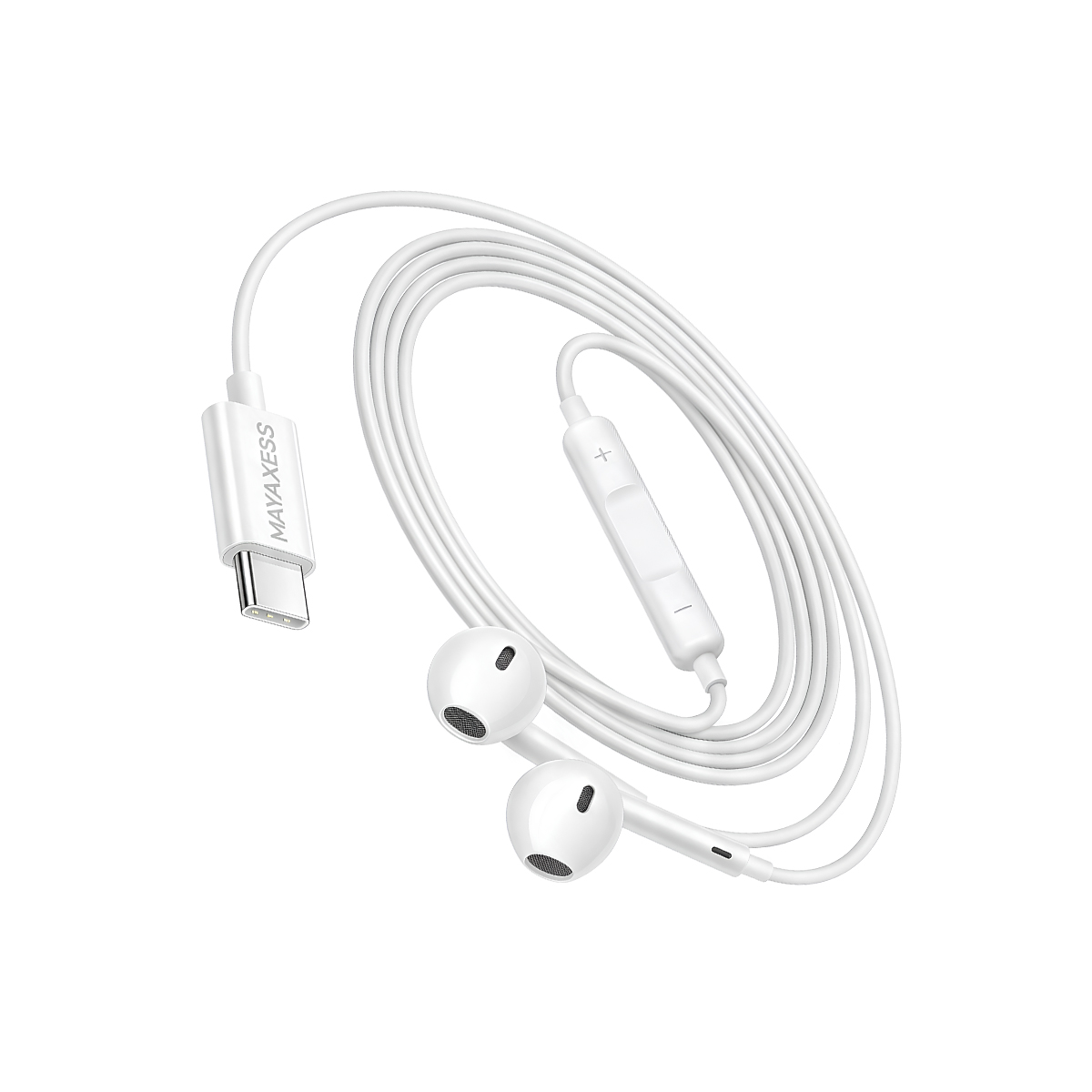Auricolari bianchi con connettore USB-C e telecomando in linea.