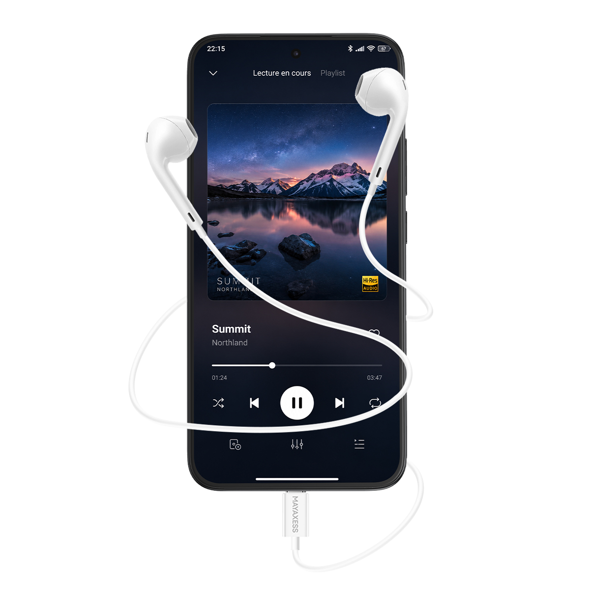 Uno smartphone con auricolari che riproduce musica. Lo schermo mostra un paesaggio montano.