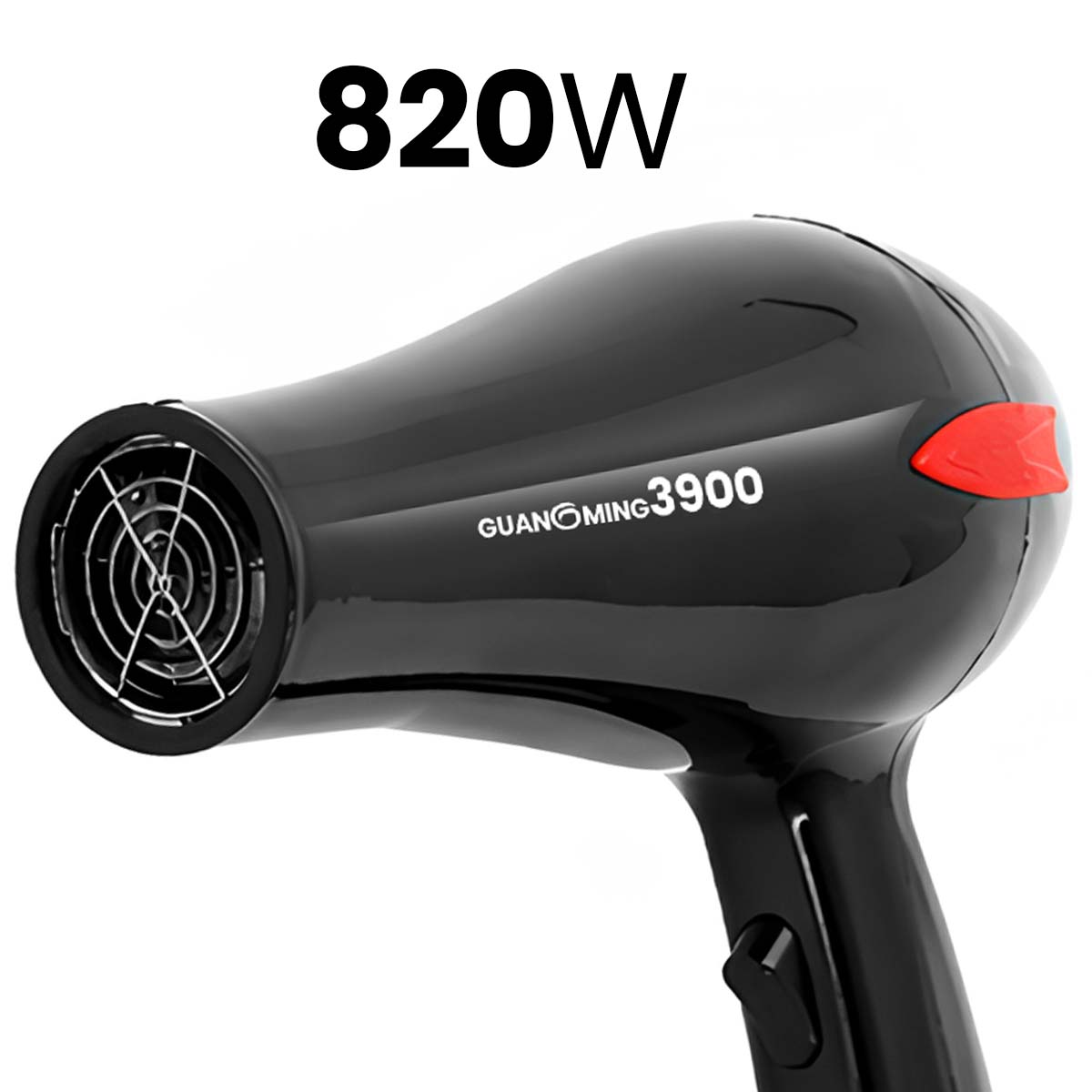 Schwarzer 820W Haartrockner mit rotem Akzent und silbernem Gitter.
