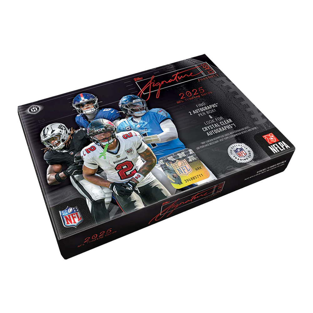 Verpackung von 2025 Topps NFL Trading Cards mit vier Spielern.