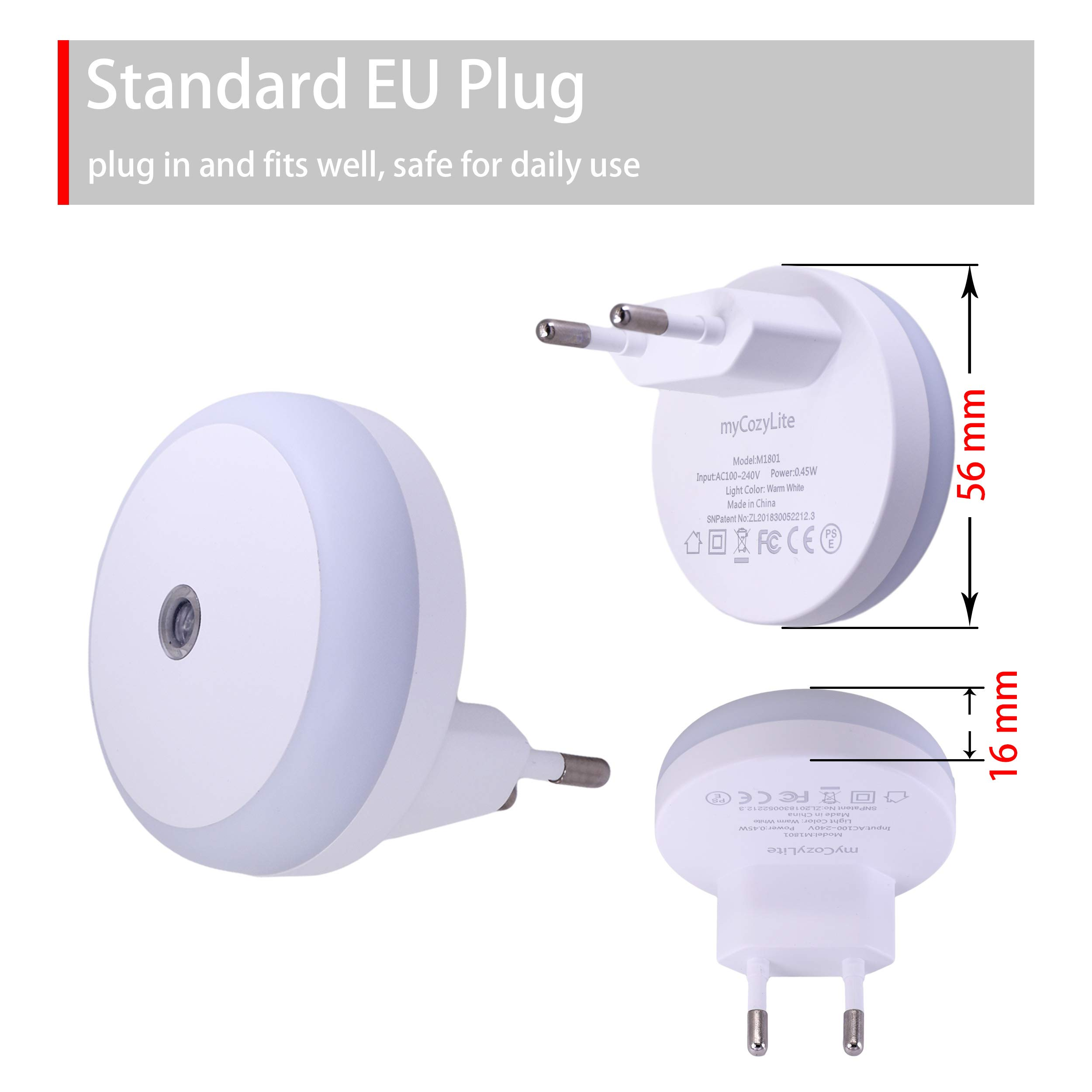 Ein weißer Nachtlichtstecker mit EU-Stecker und warmweißem Licht.