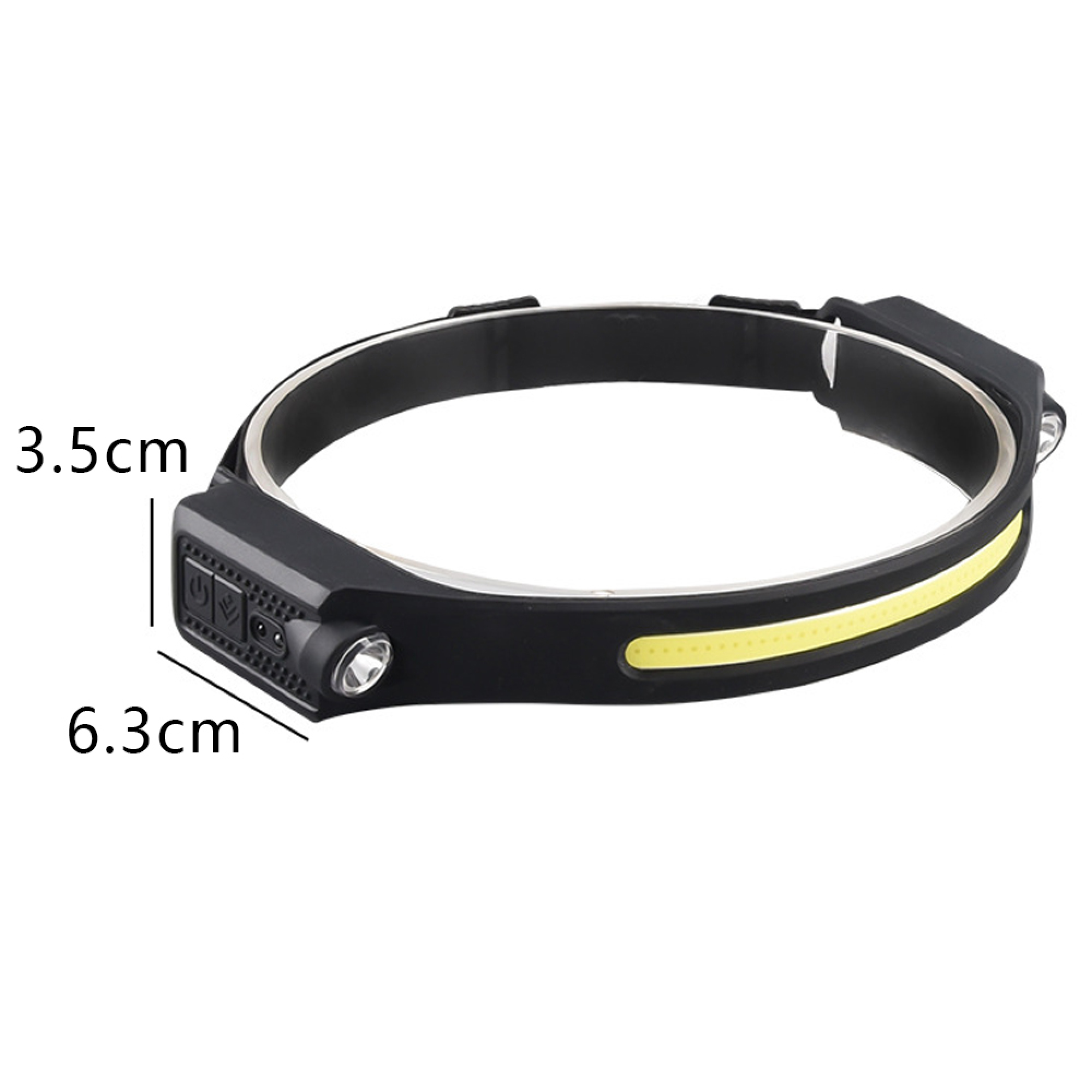 Schwarzes Stirnband mit LED-Leuchten und Maßen von 3,5 cm und 6,3 cm.