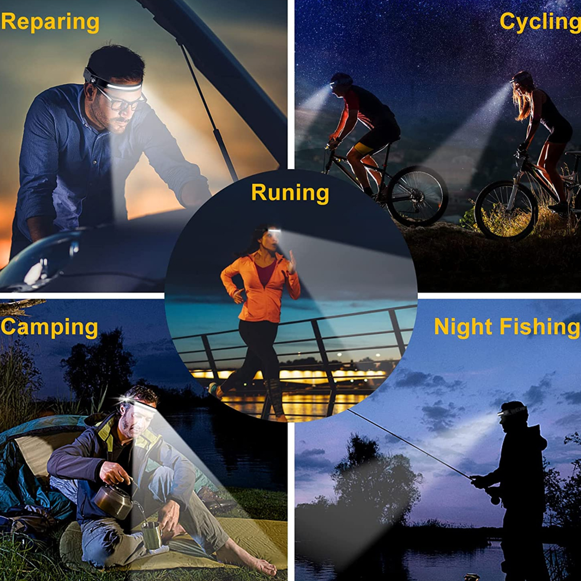 Collage zeigt Reparatur, Laufen, Radfahren, Camping und Nachtfischen mit Stirnlampen.