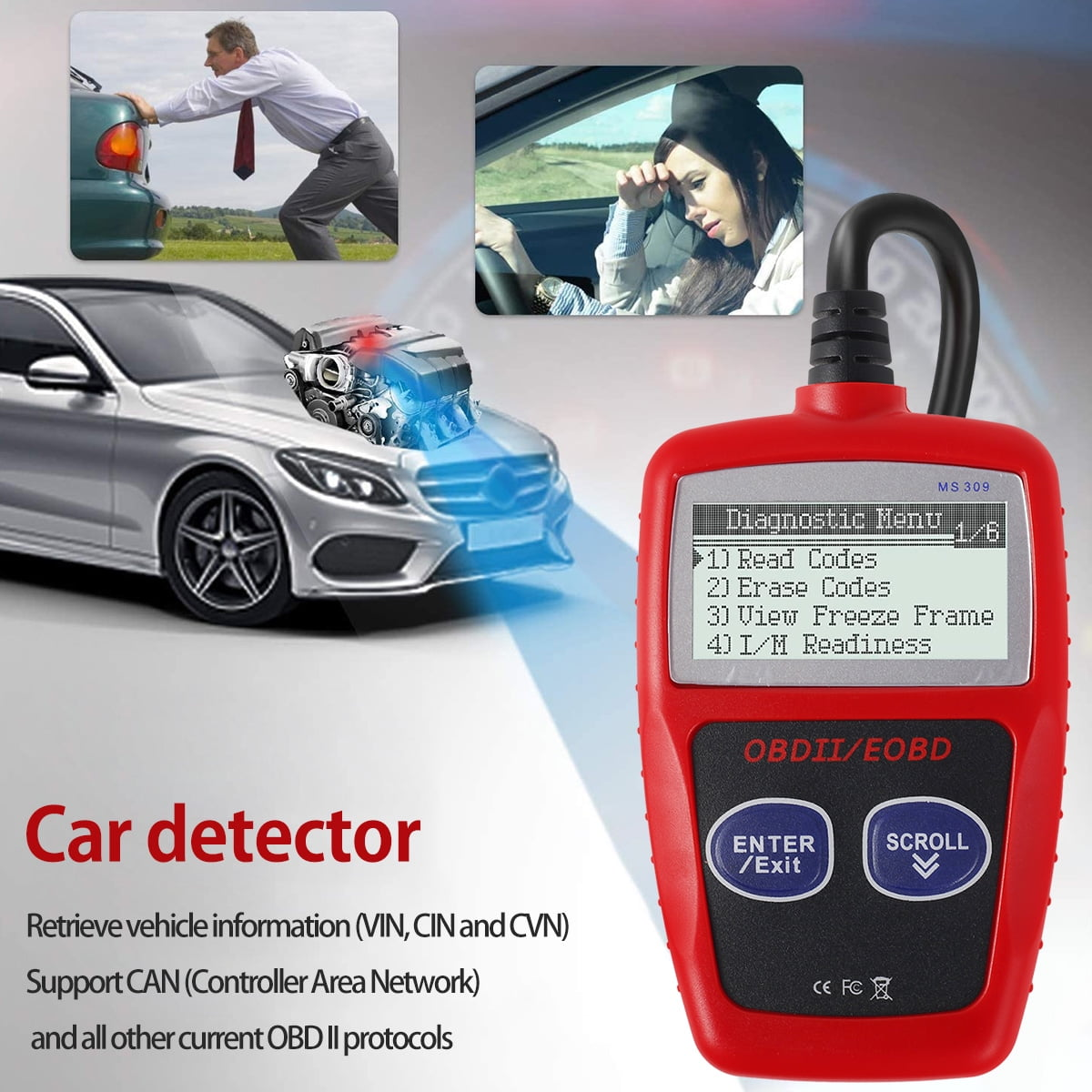 Auto-Detektor mit Auto-Bildern, Motor und Diagnosegerät.