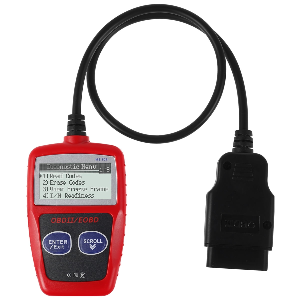 Ein roter OBDII/EOBD-Scanner mit schwarzem Kabel und Stecker.