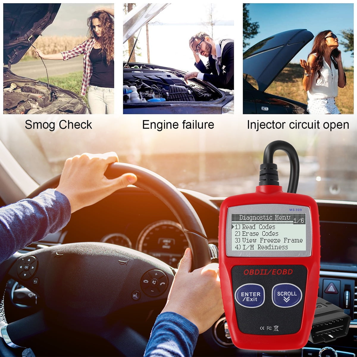 Autodiagnosegerät in der Nähe eines Lenkrads mit drei Vorschaubildern.