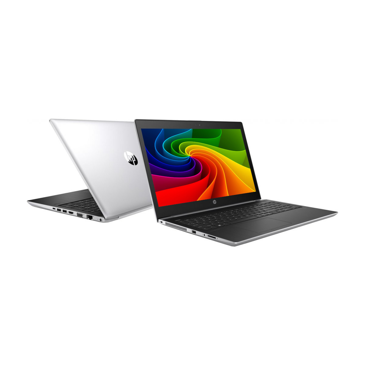 Zwei silberne Laptops mit farbigem Hintergrund auf dem Bildschirm.