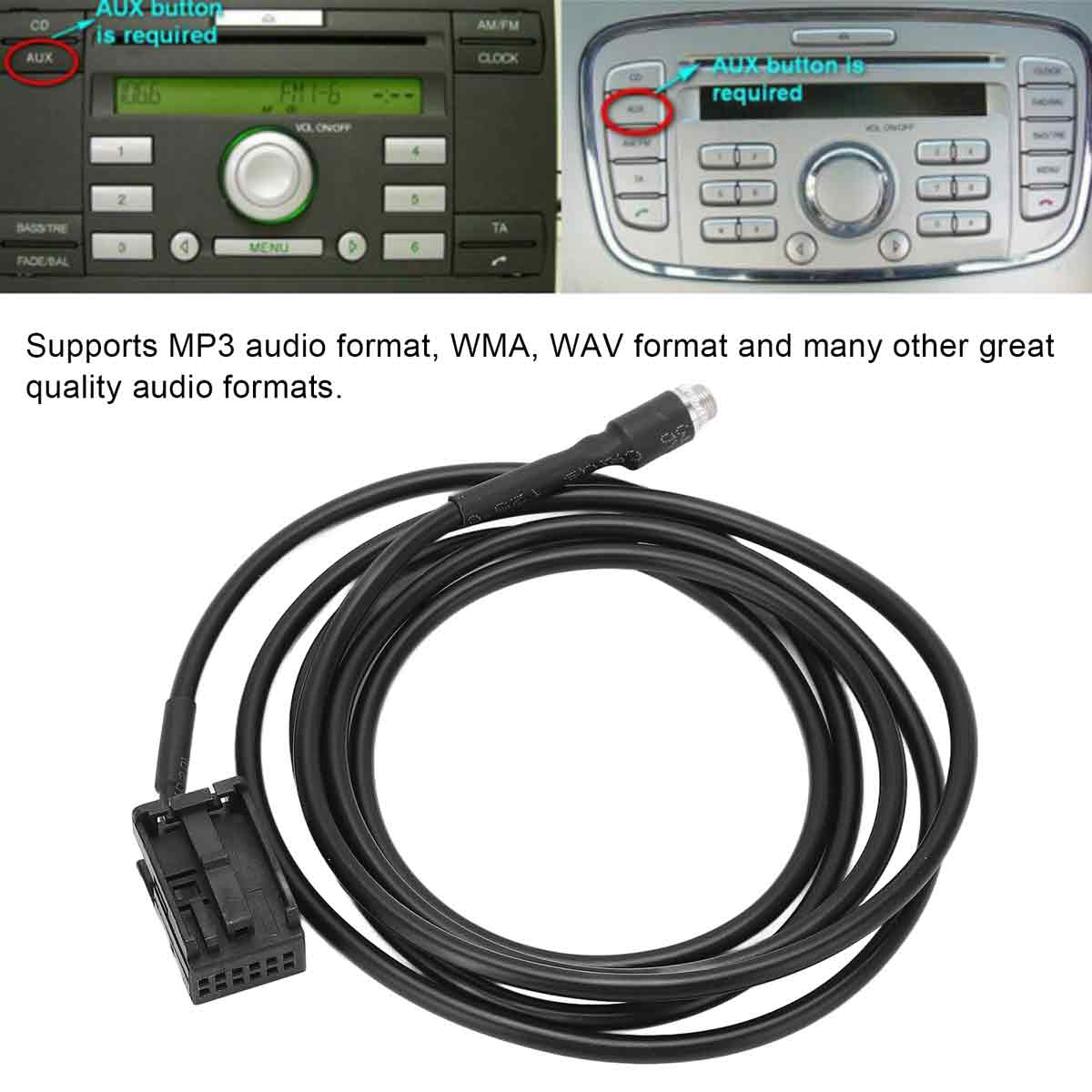 Zwei Autoradios und ein schwarzes Audiokabel mit Stecker.