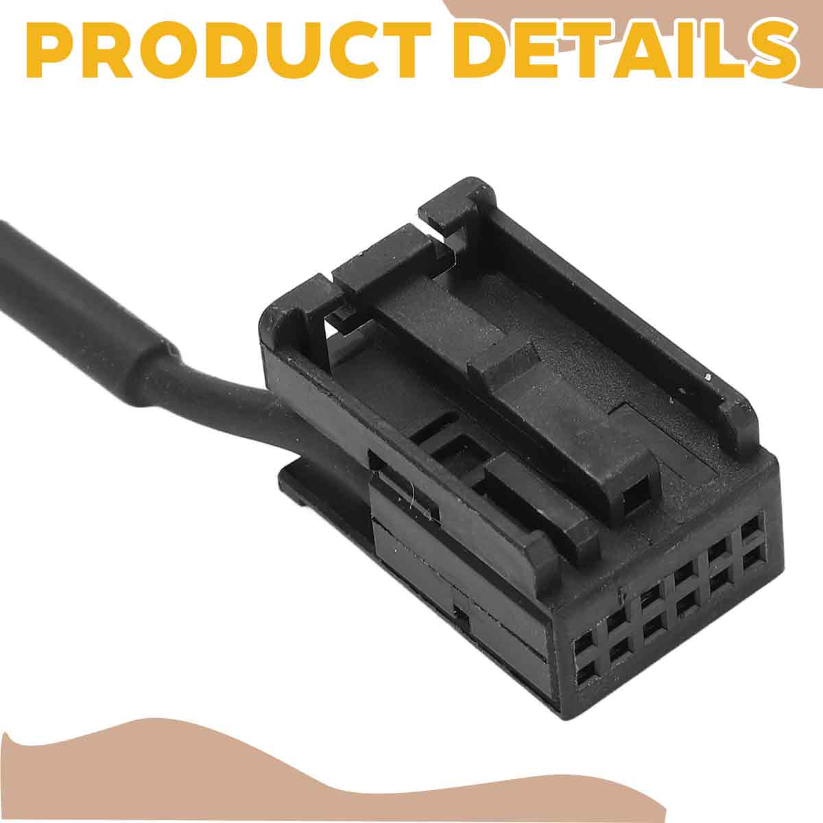 Schwarzer elektrischer Stecker mit mehreren Pins und angeschlossenem Kabel. ProduktDetails-Text sichtbar.