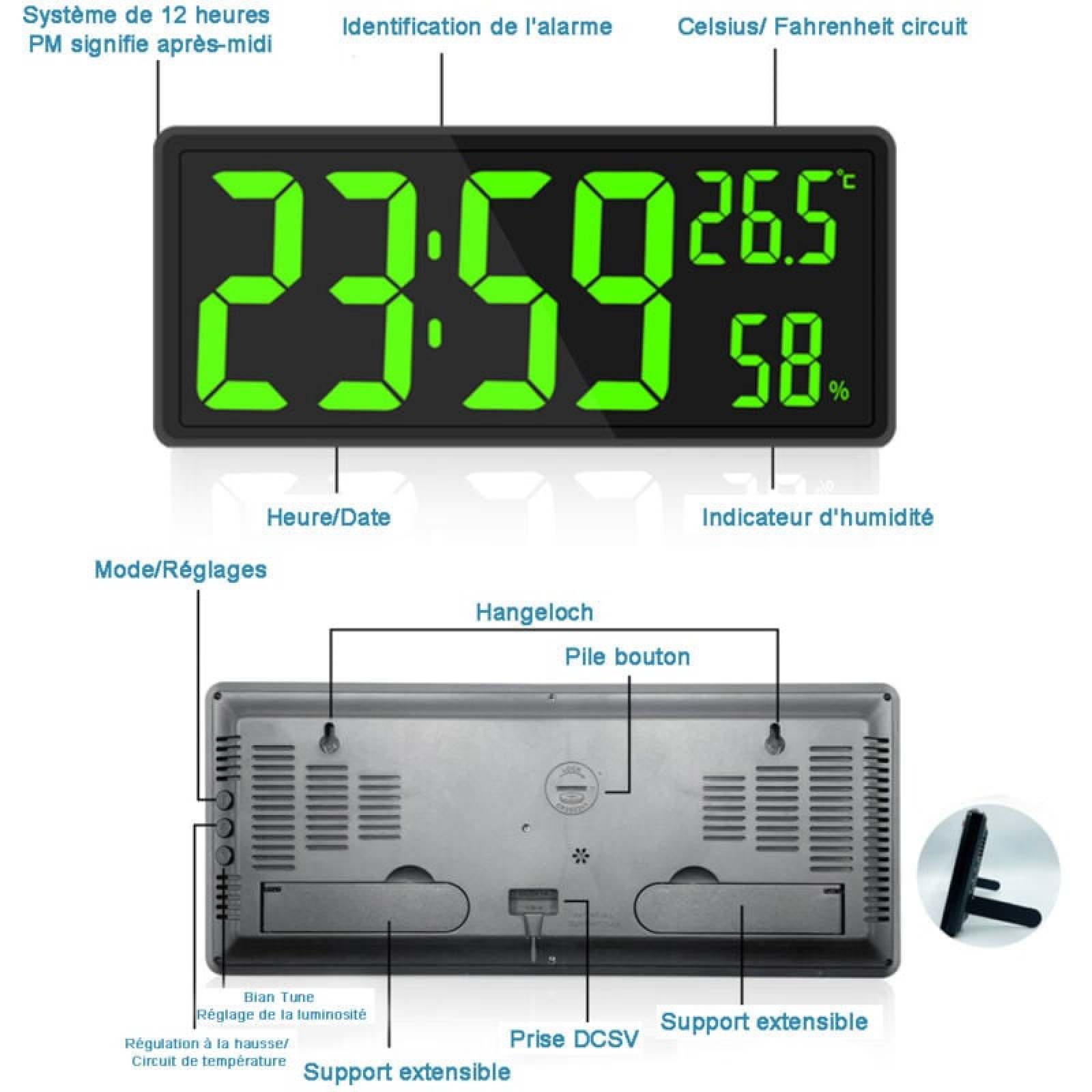 Digitaluhr mit Zeit, Temperatur und Luftfeuchtigkeit. Rückseite mit Tasten und Ständer.