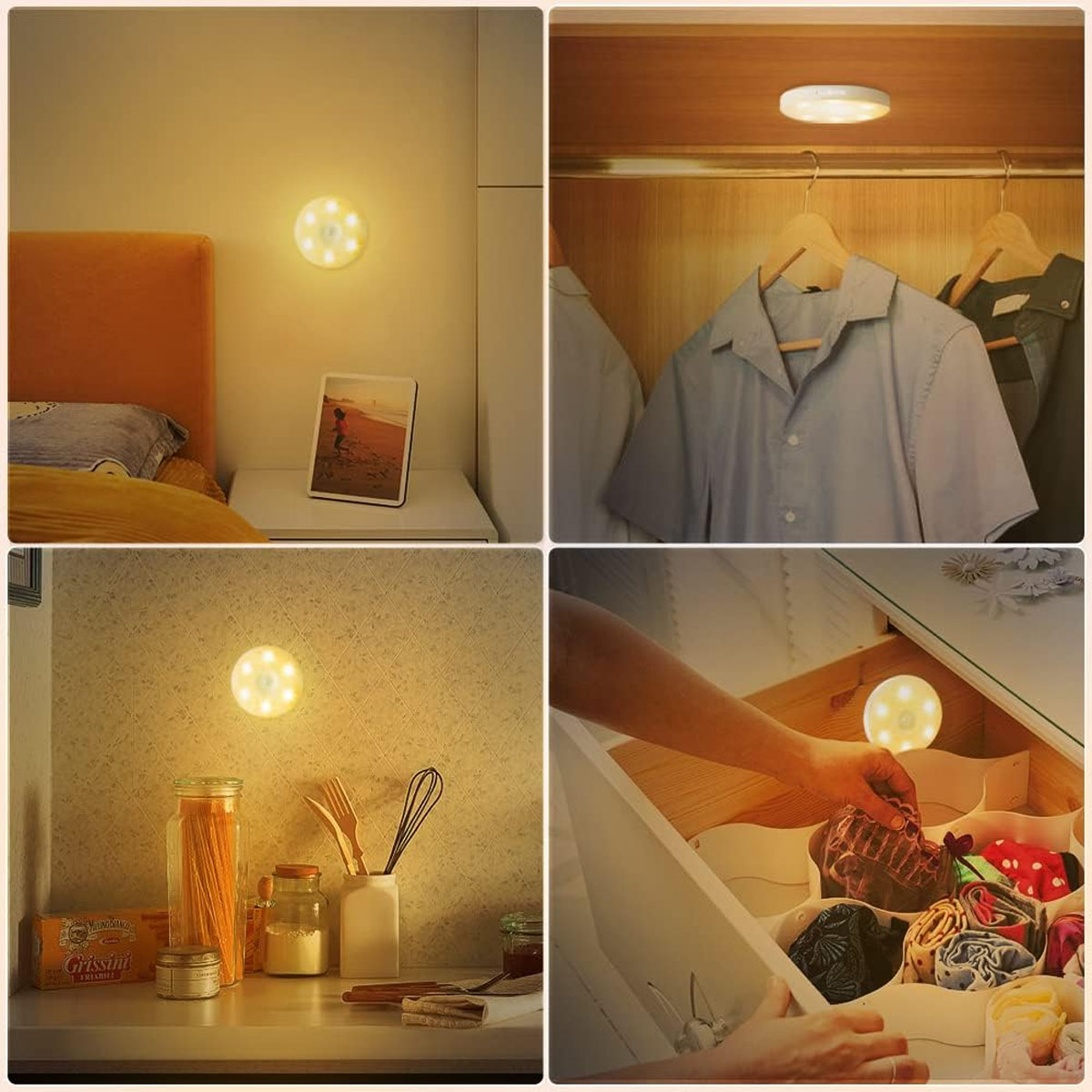 Vier Szenen zeigen ein rundes LED-Licht in einem Schlafzimmer, Kleiderschrank, Küche und Schublade.