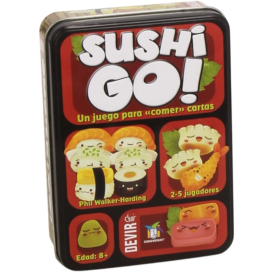 Caja del juego Sushi Go! con ilustraciones de sushi e info.