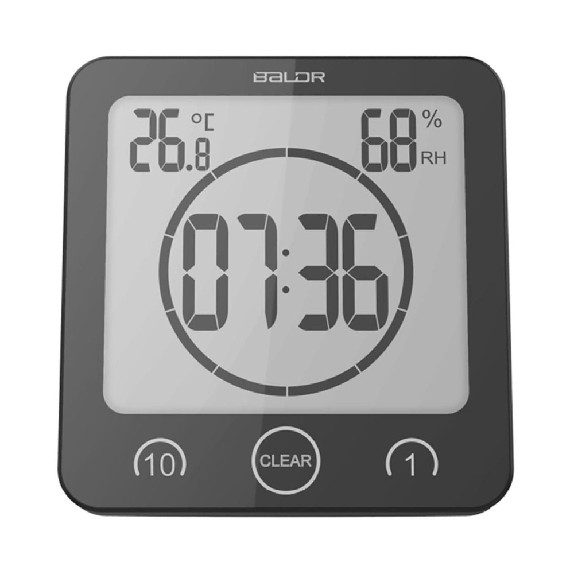 Digitaluhr zeigt 26.8°C, 68% RH und 07:36. Tasten: (10), CLEAR, (1).