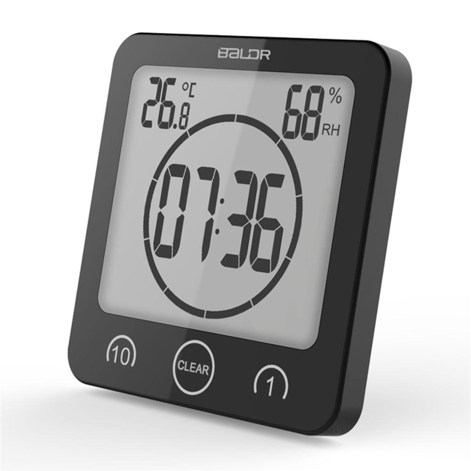 Schwarzer digitaler Timer mit Temperaturanzeige, Luftfeuchtigkeit und Uhrzeit.