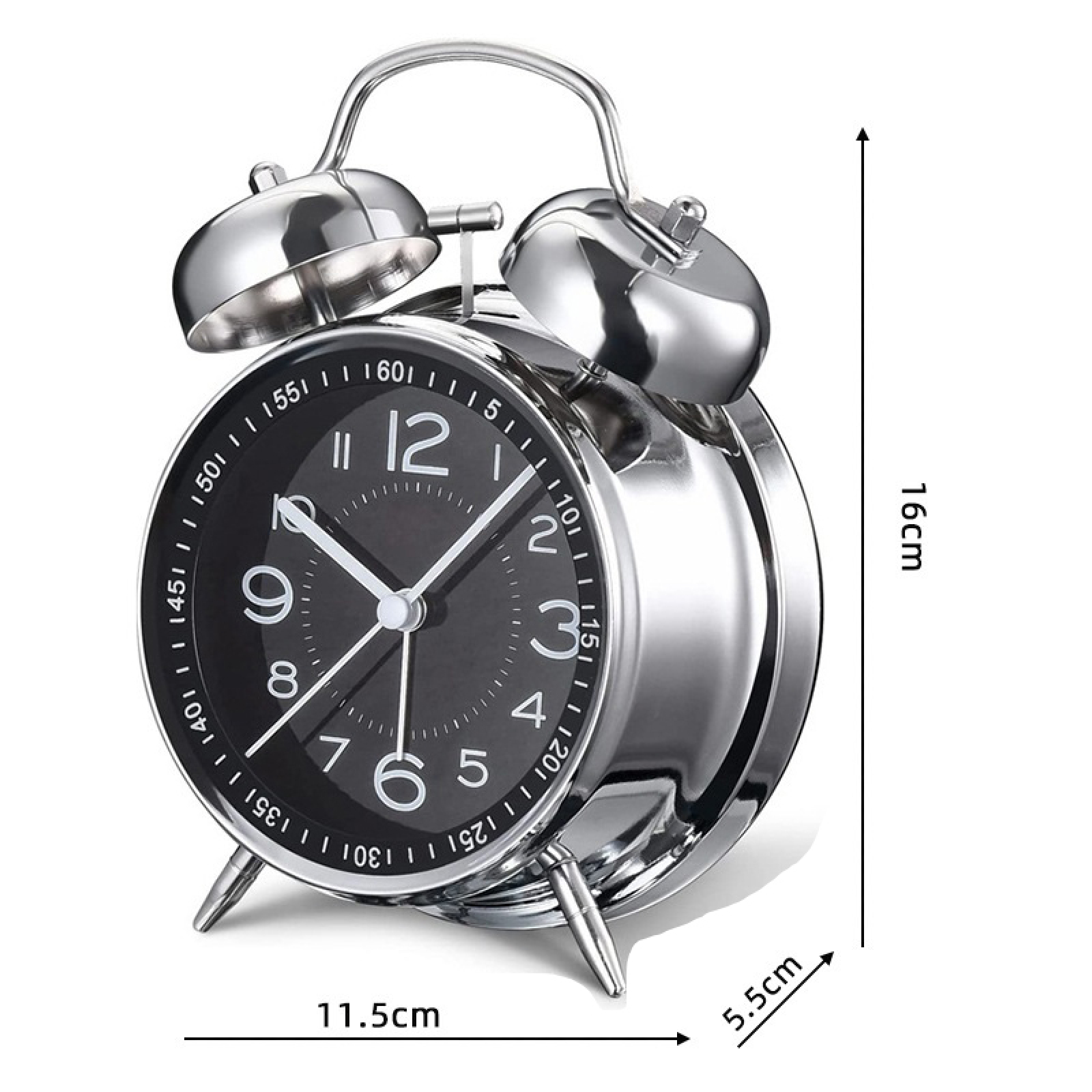 Eine glänzende silberne Weckeruhr mit zwei Glocken und schwarzem Zifferblatt.