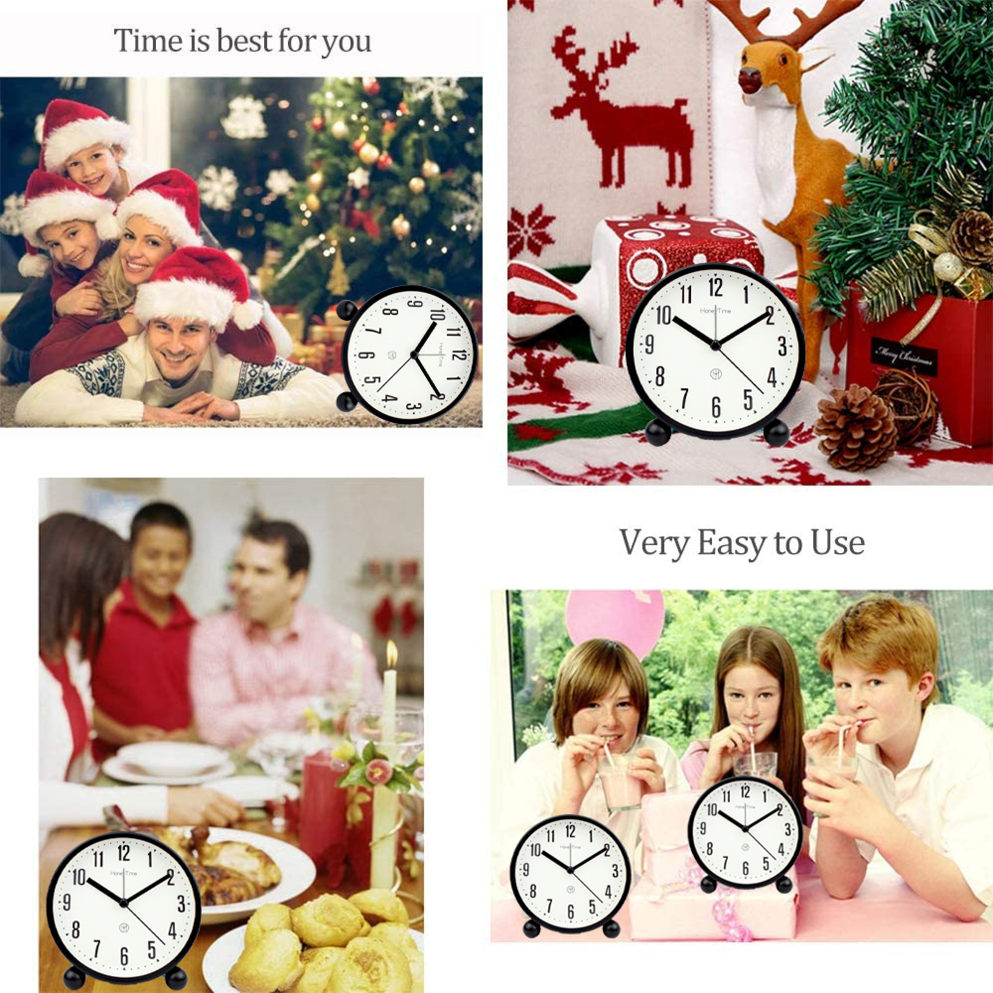 Familie mit Weihnachtsmützen am Weihnachtsbaum; Uhr; Weihnachtsschmuck; Familie beim Abendessen; Kinder bei Party; Uhren.