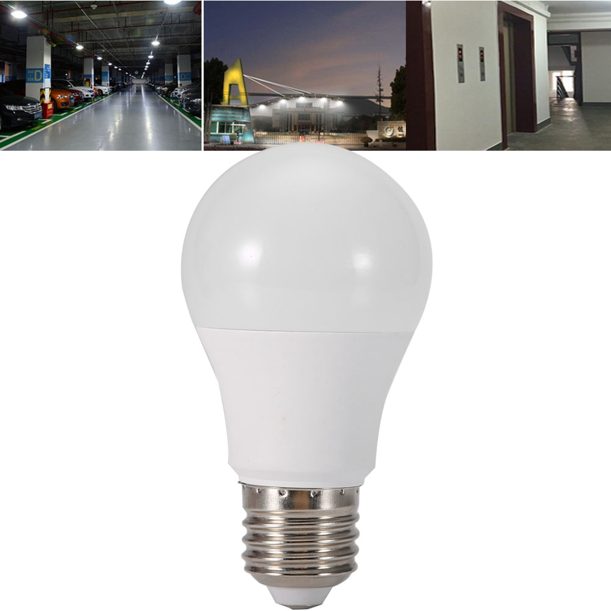 Eine weiße LED-Lampe mit Schraubgewinde, überlagert mit Bildern eines Parkhauses, Gebäudes und Aufzugs.