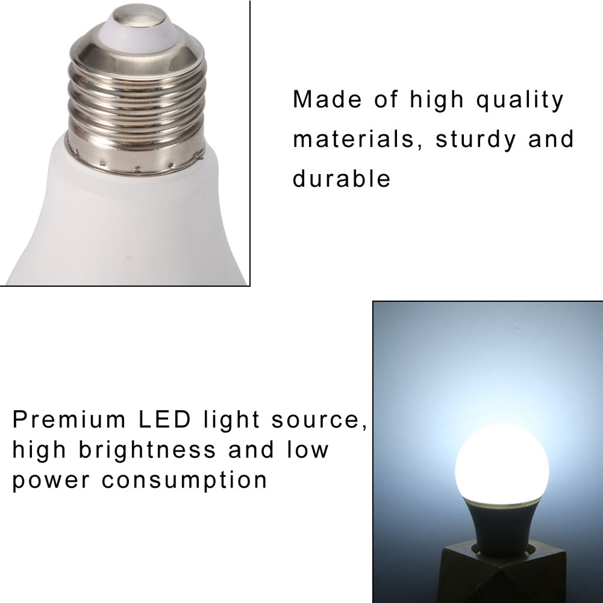 Eine weiße LED-Lampe mit silbernem Gewinde, hell leuchtend.